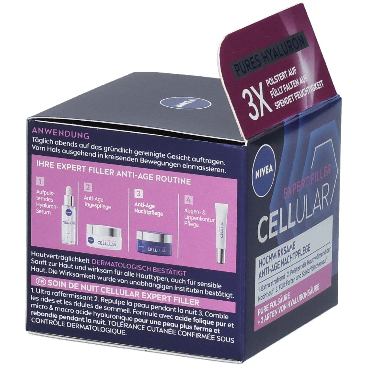 Rückseite der Verpackung von NIVEA Cellular Expert Filler Nachtpflege. Anwendungshinweise und Inhaltsstoffe.