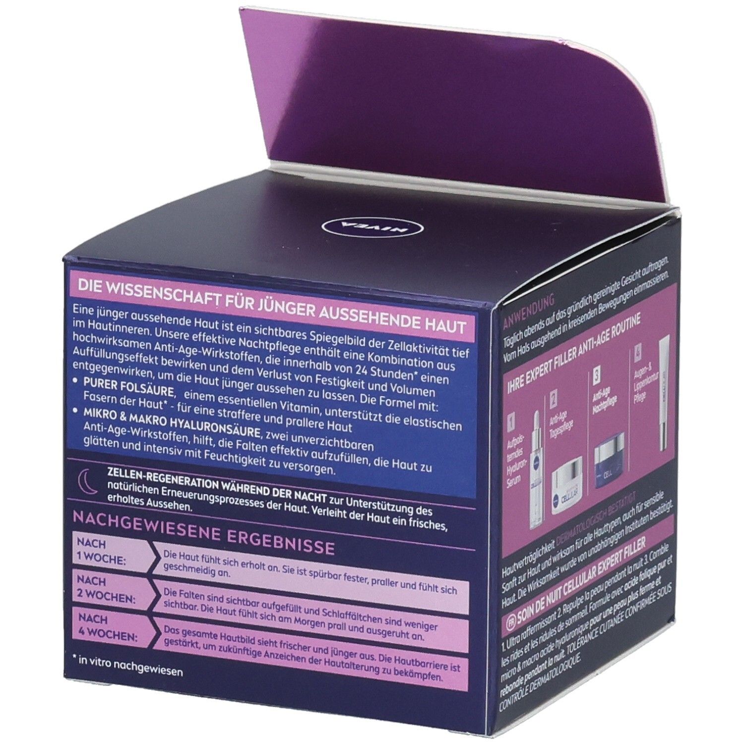 Verpackung von NIVEA Cellular Expert Filler Nachtpflege. Informationen zur Wirkung und Anwendung.