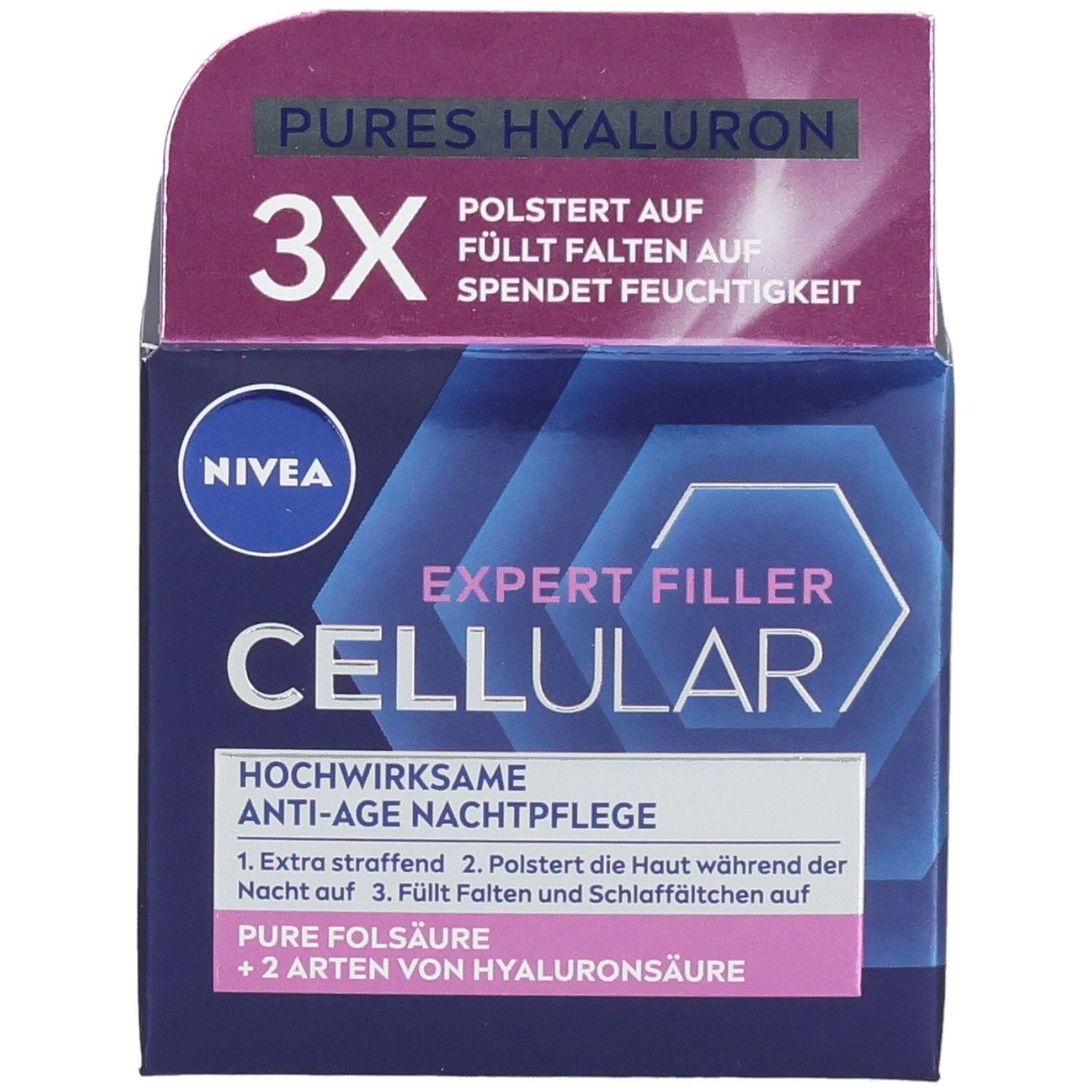 Vorderseite der Verpackung von NIVEA Cellular Expert Filler Nachtpflege. Produktname und Informationen.