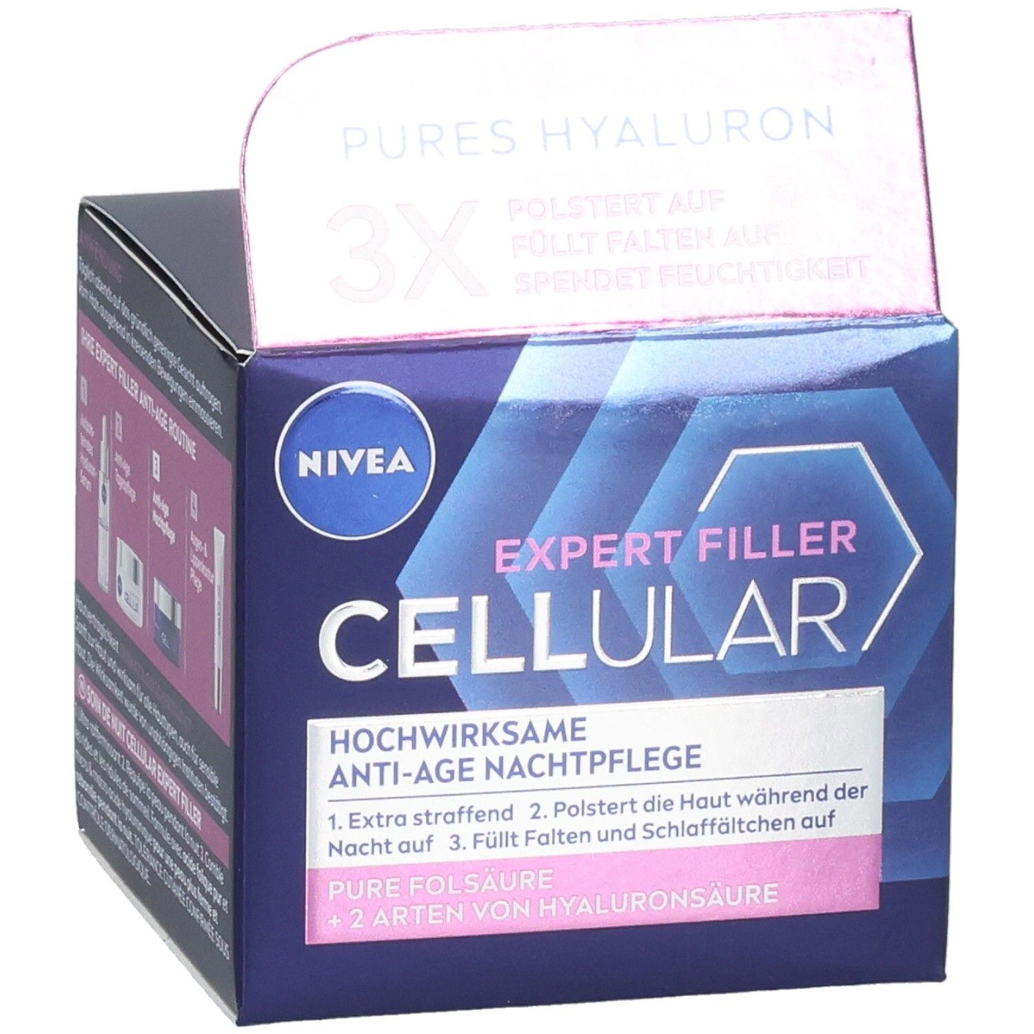 Verpackung von NIVEA Cellular Expert Filler Nachtpflege. Produktname und Informationen.