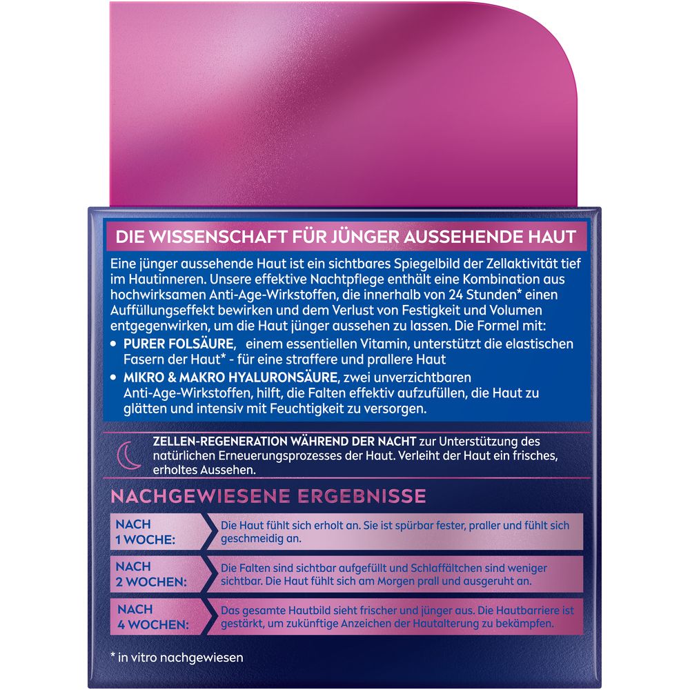 Rückseite der Faltschachtel NIVEA CELLULAR Expert Filler Nachtpflege mit wissenschaftlichen Erklärungen und Ergebnissen.