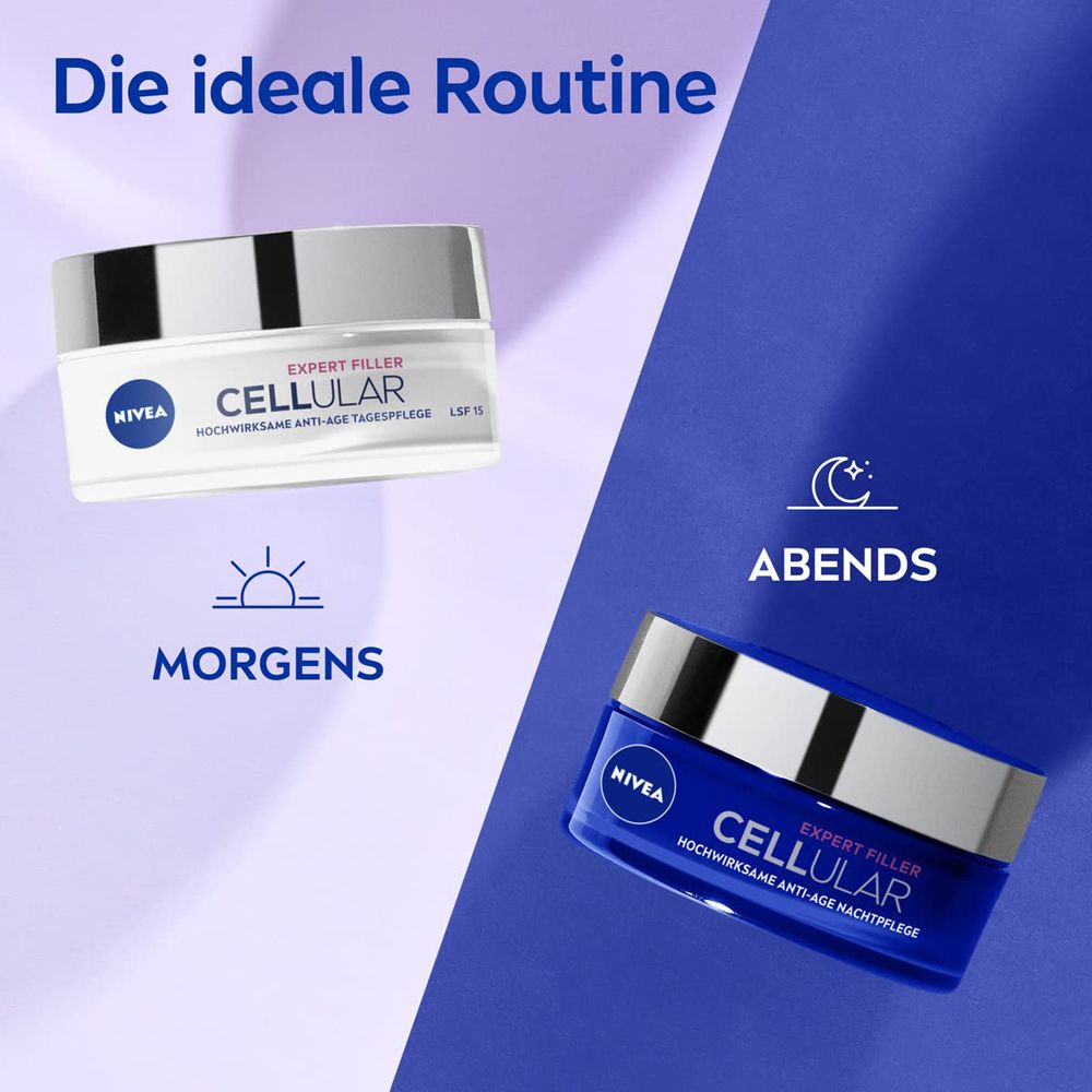 NIVEA CELLULAR Expert Filler Tagespflege und Nachtpflege. "Morgens" und "Abends" sind mit Icons und Produkten beschriftet.
