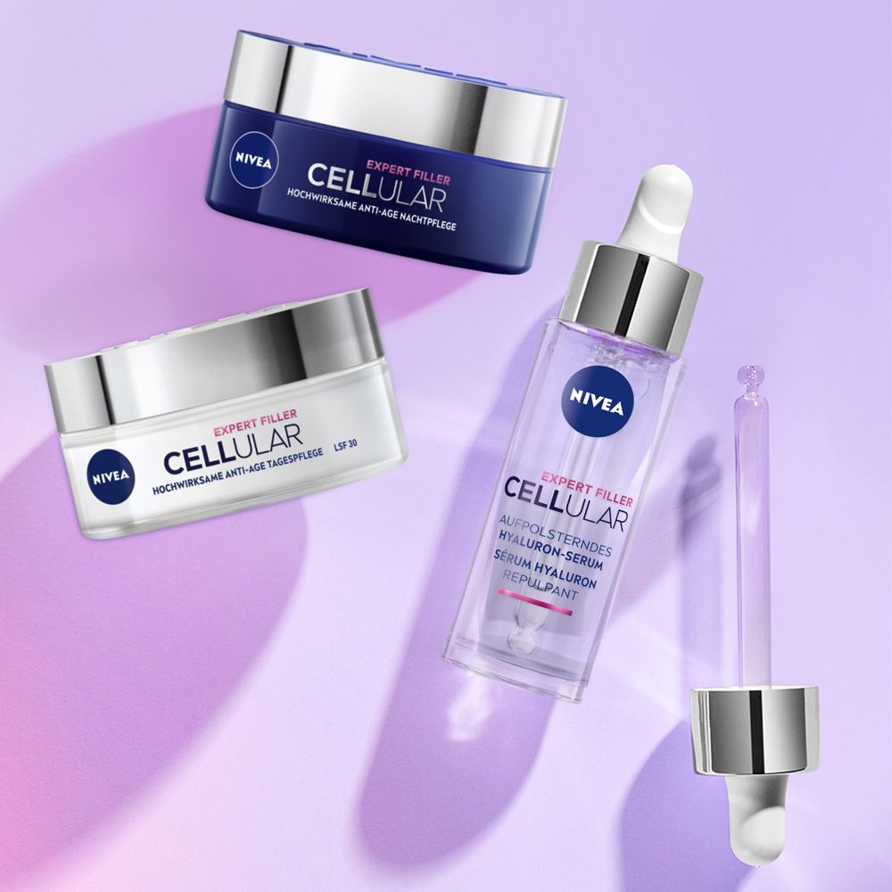 NIVEA CELLULAR Expert Filler Nachtpflege, Tagespflege und Hyaluron-Serum mit Pipette.