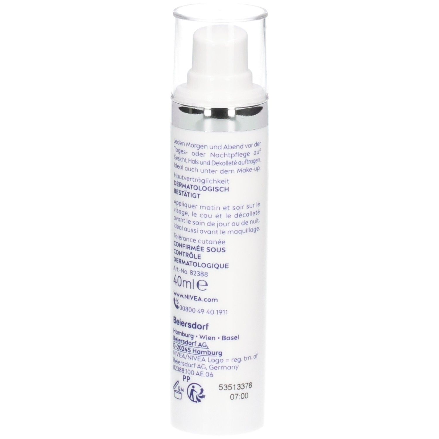 Weißes Serum mit Pumpkopf und durchsichtiger Kappe. Text auf der Seite. 40ml. Dermatologisch bestätigt.