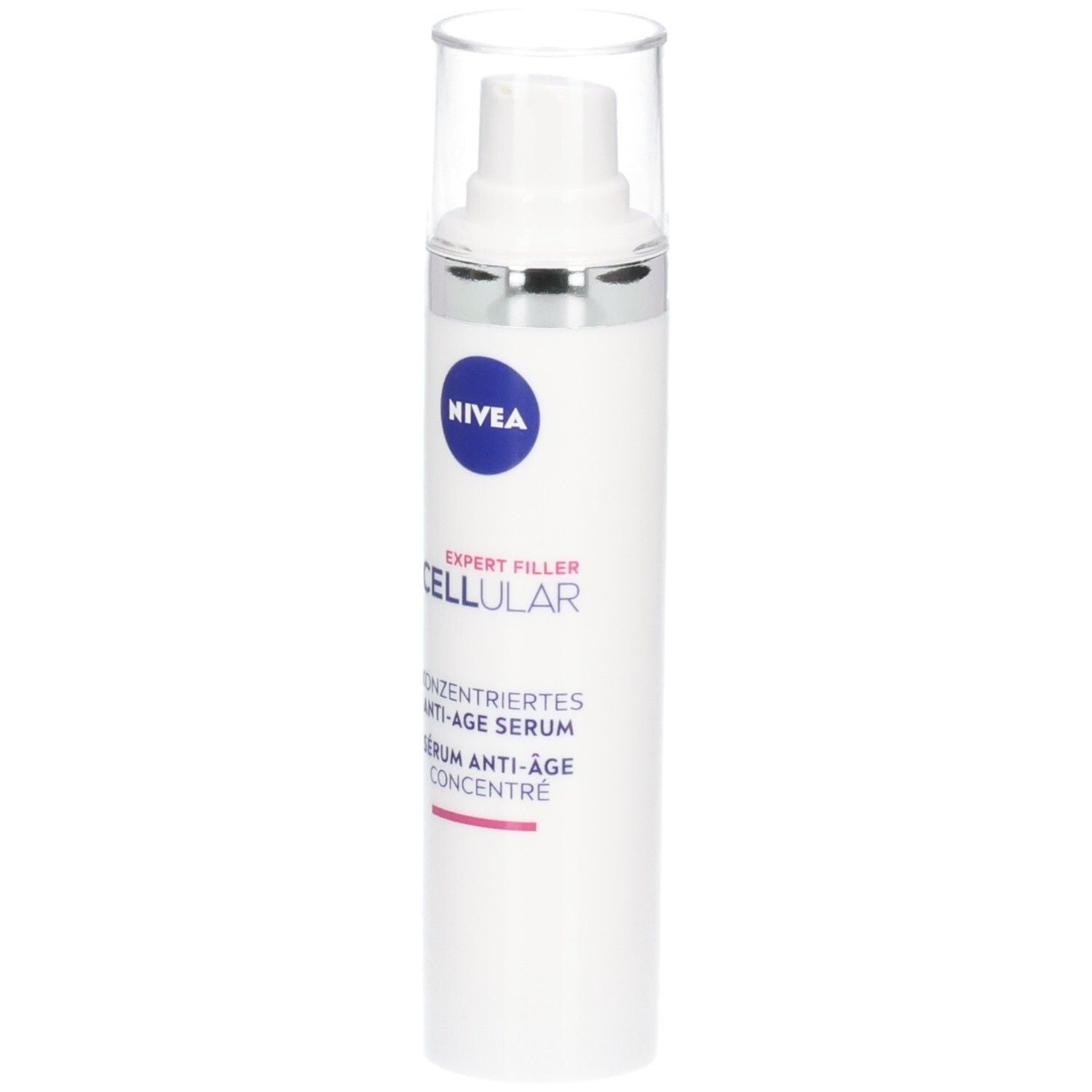 Weißes Serum mit Pumpkopf und durchsichtiger Kappe. NIVEA CELLULAR Expert Filler. Anti-Age Serum.