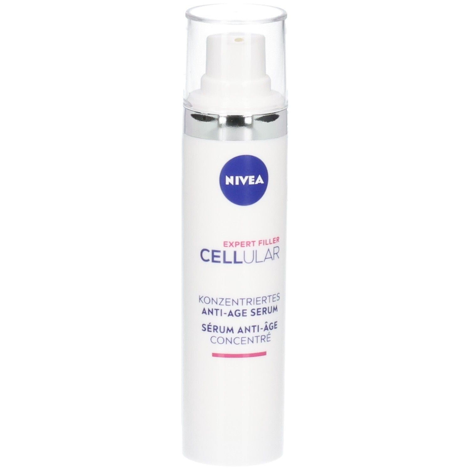 Weißes Serum mit Pumpkopf und durchsichtiger Kappe. NIVEA CELLULAR Expert Filler. Anti-Age Serum.