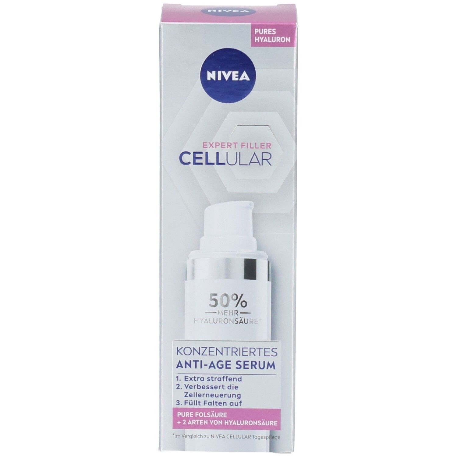 Verpackung mit Serum. NIVEA CELLULAR Expert Filler. Anti-Age Serum. 50% mehr Hyaluronsäure.