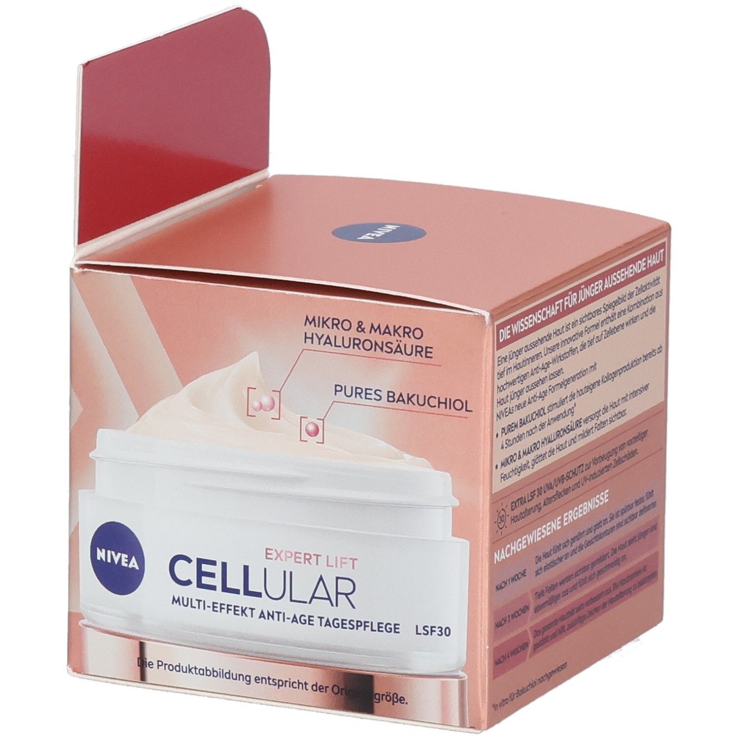 NIVEA CELLULAR Expert Lift Tagespflege in der Verpackung. Produkt und Inhaltsstoffe sind abgebildet.