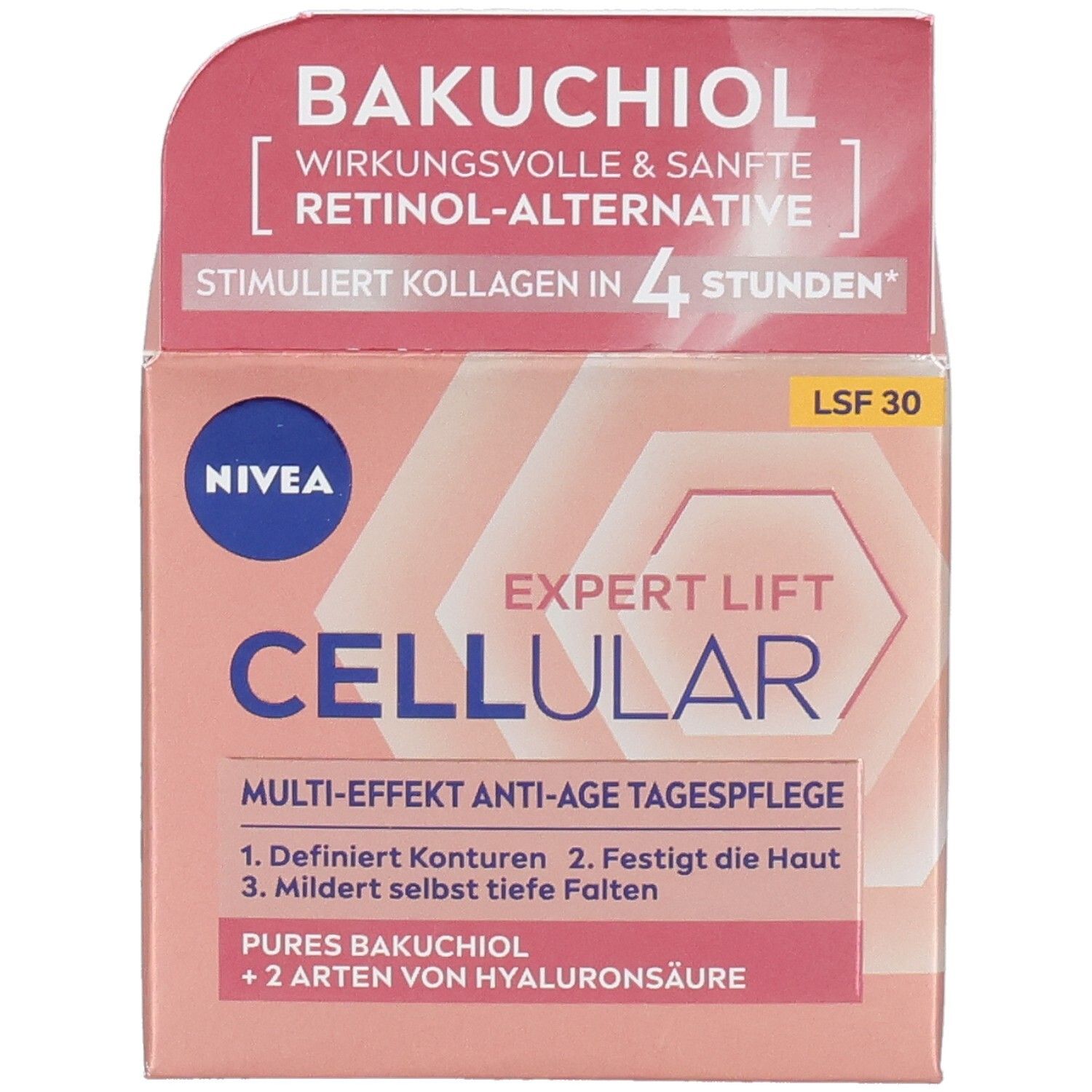 Verpackung von NIVEA CELLULAR Expert Lift Tagespflege. Rosa-weiße Schachtel mit Produktinformationen und Logo.