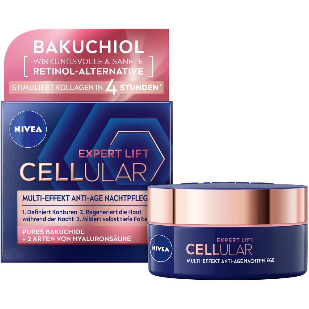 NIVEA Cellular Expert Lift Nachtpflege Tiegel und Karton. Mit Bakuchiol und Hyaluronsäure.