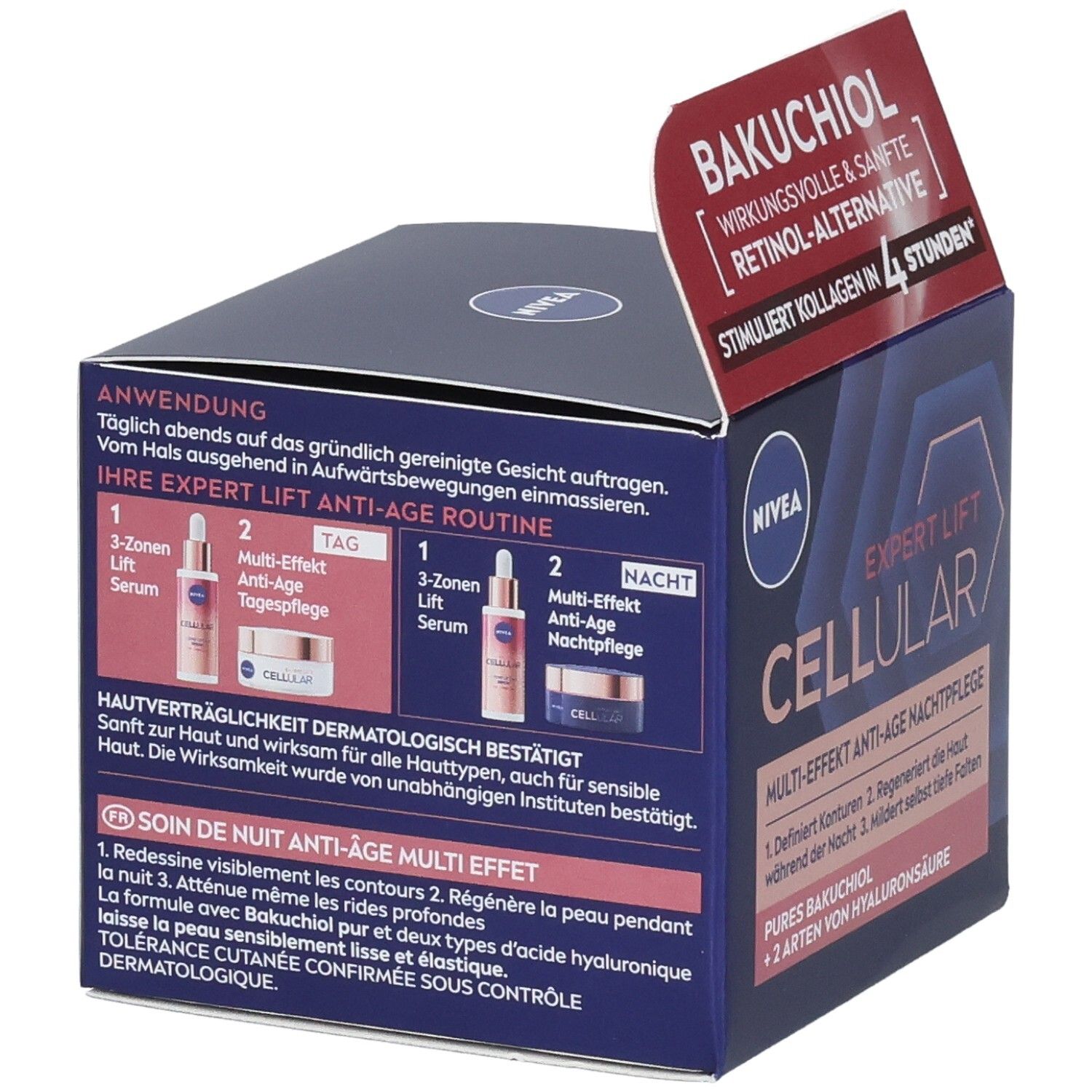 NIVEA Cellular Expert Lift Nachtpflege. Verpackung, Rückseite mit Produktinformationen. Text: EXPERT LIFT ANTI-AGE ROUTINE.
