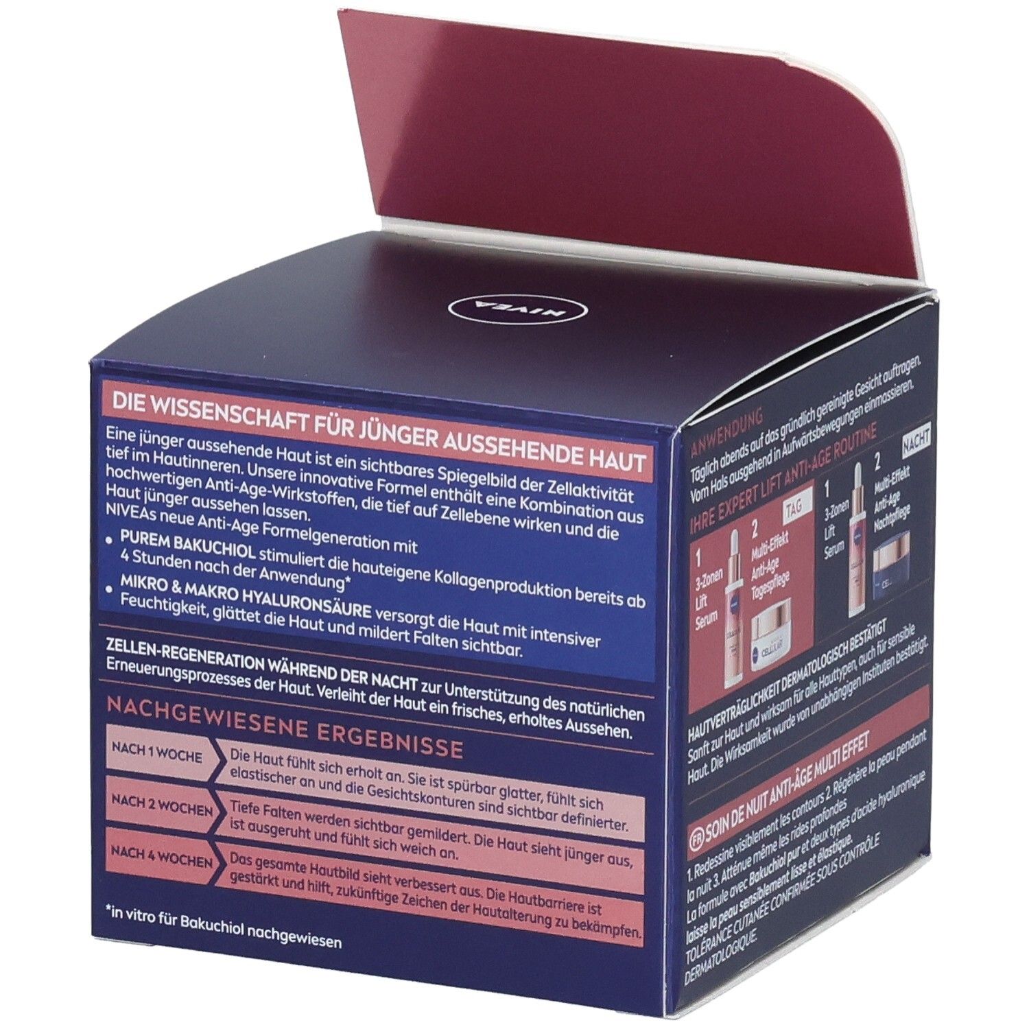 NIVEA Cellular Expert Lift Nachtpflege. Verpackung, Innenseite mit Produktinformationen. Text: WISSENSCHAFT FÜR JÜNGER AUSSEHENDE HAUT.