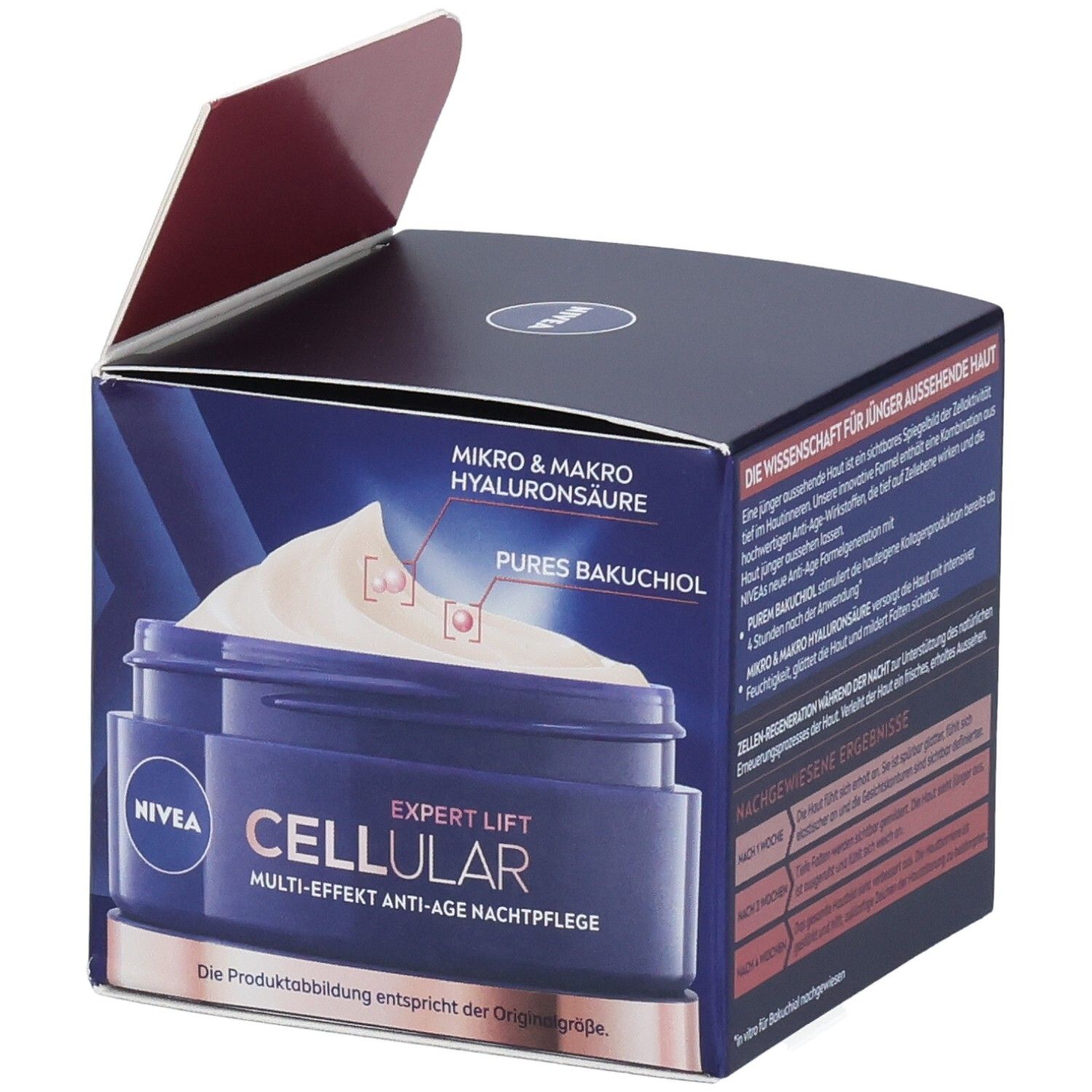 NIVEA Cellular Expert Lift Nachtpflege. Produkt in der Verpackung. Text: MIKRO & MAKRO HYALURONSÄURE, PURES BAKUCHIOL.