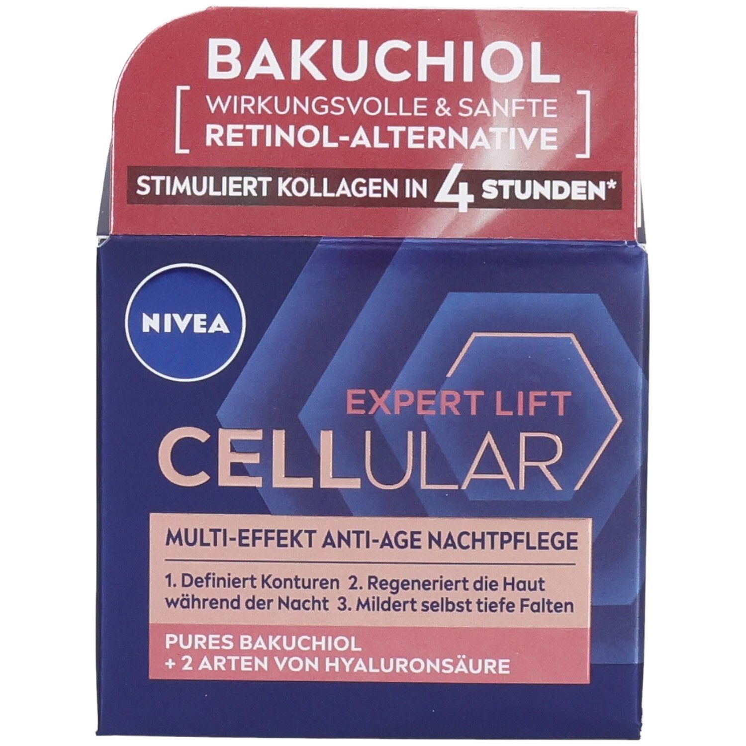 NIVEA Cellular Expert Lift Nachtpflege. Produktverpackung, geöffnet. Text: BAKUCHIOL, RETINOL-ALTERNATIVE, STIMULIERT KOLLAGEN.