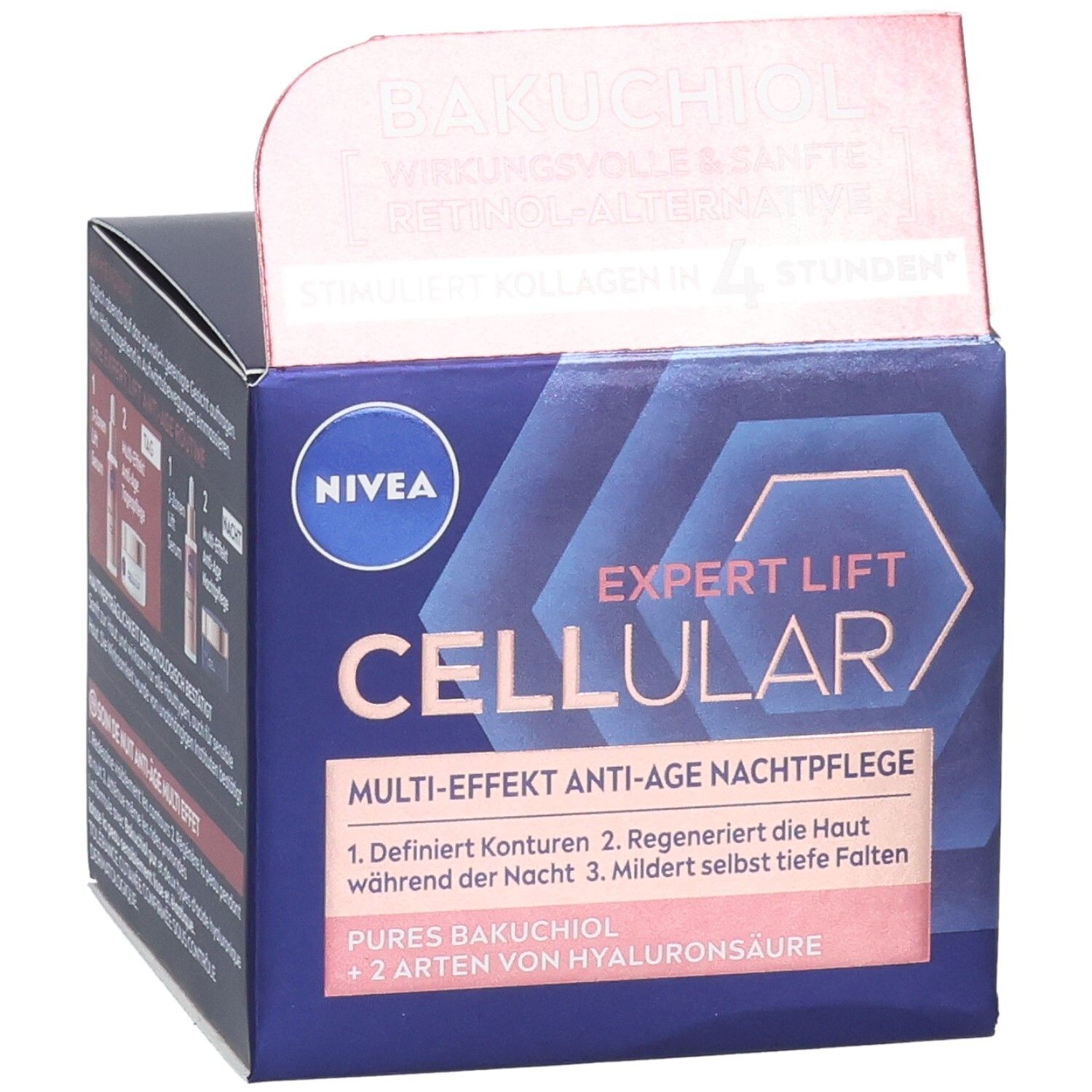 NIVEA Cellular Expert Lift Nachtpflege. Produktverpackung, geöffnet. Text: EXPERT LIFT CELLULAR, ANTI-AGE NACHT-PFLEGE.