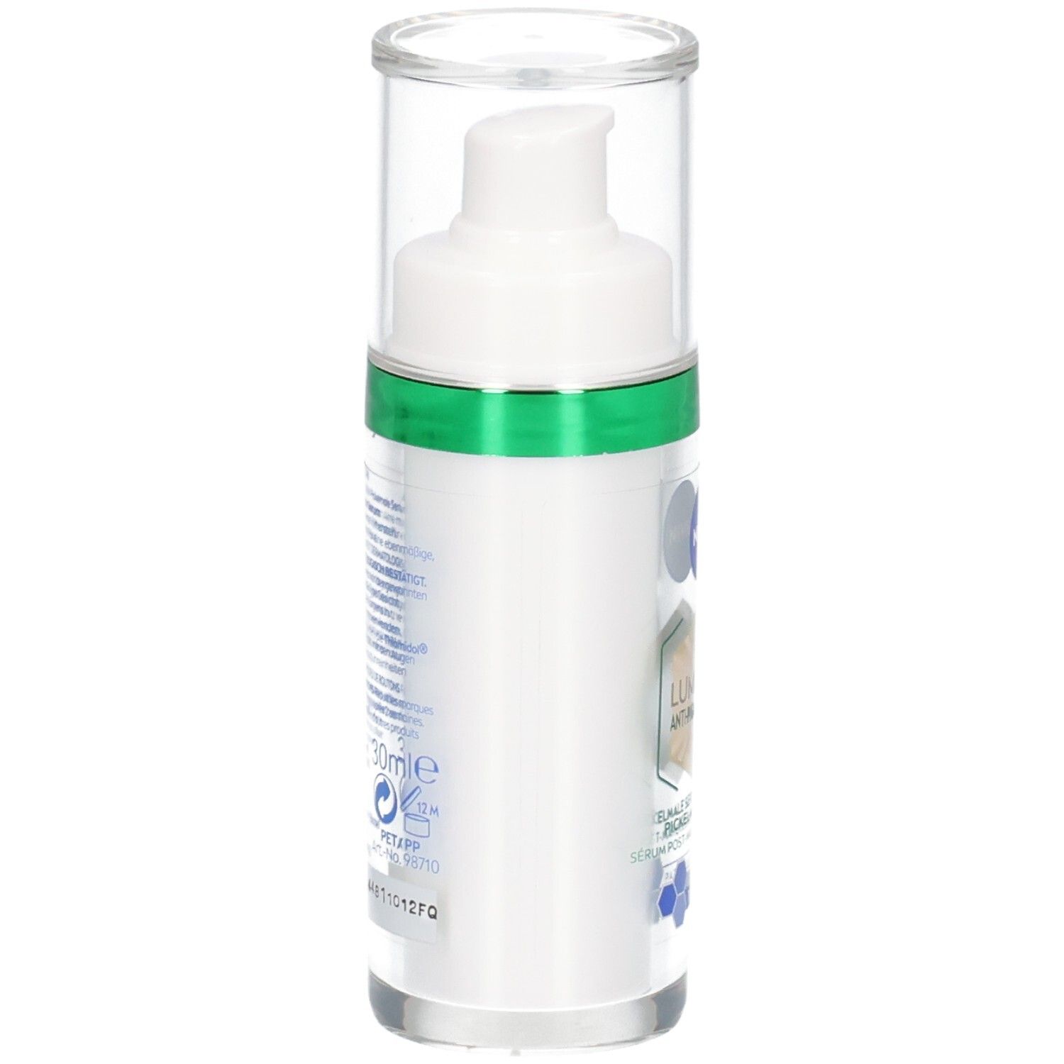 Weißes Serumfläschchen mit grüner Umrandung. Text auf der Rückseite, darunter 30 ml und Recycling-Symbol.