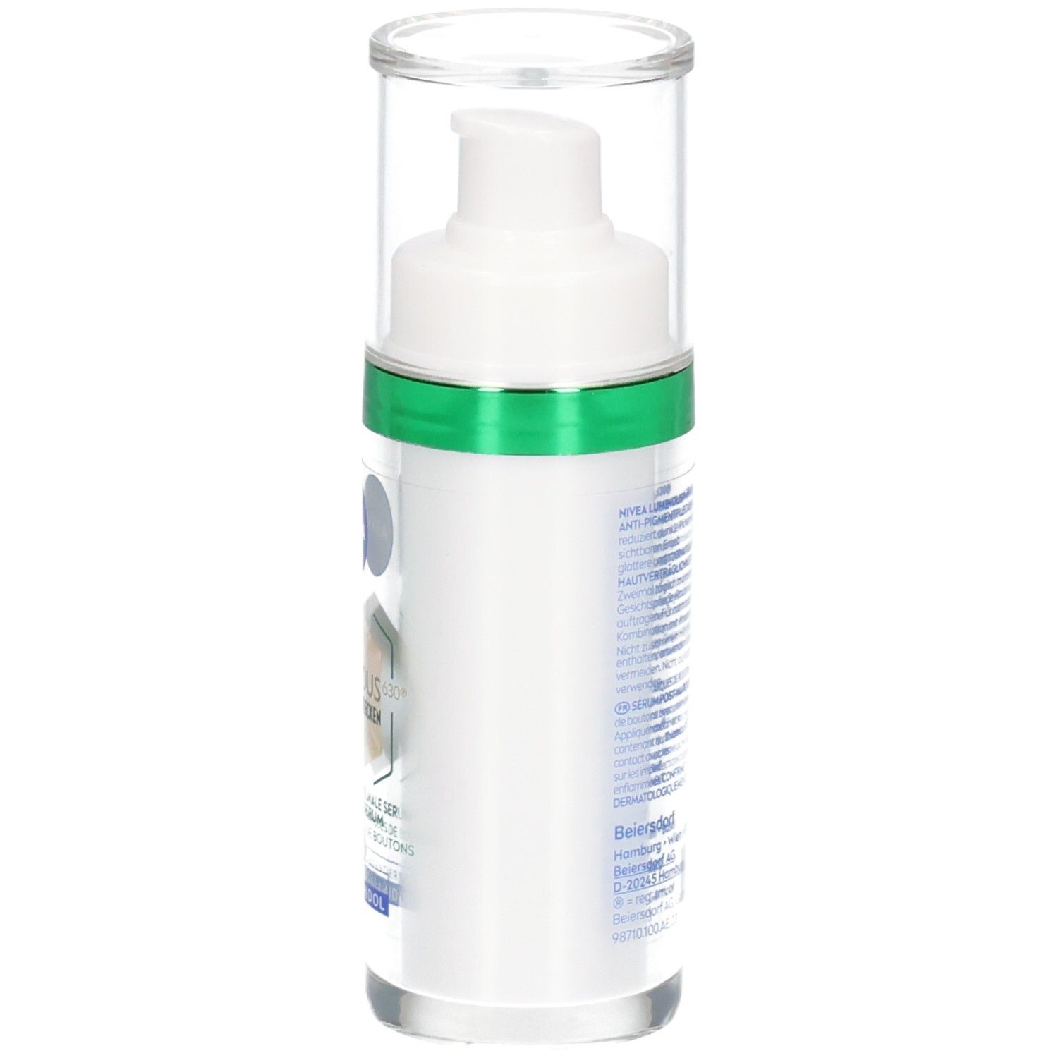 Weißes Serumfläschchen mit grünem Ring und transparentem Deckel. NIVEA-Logo und Produktinformationen.
