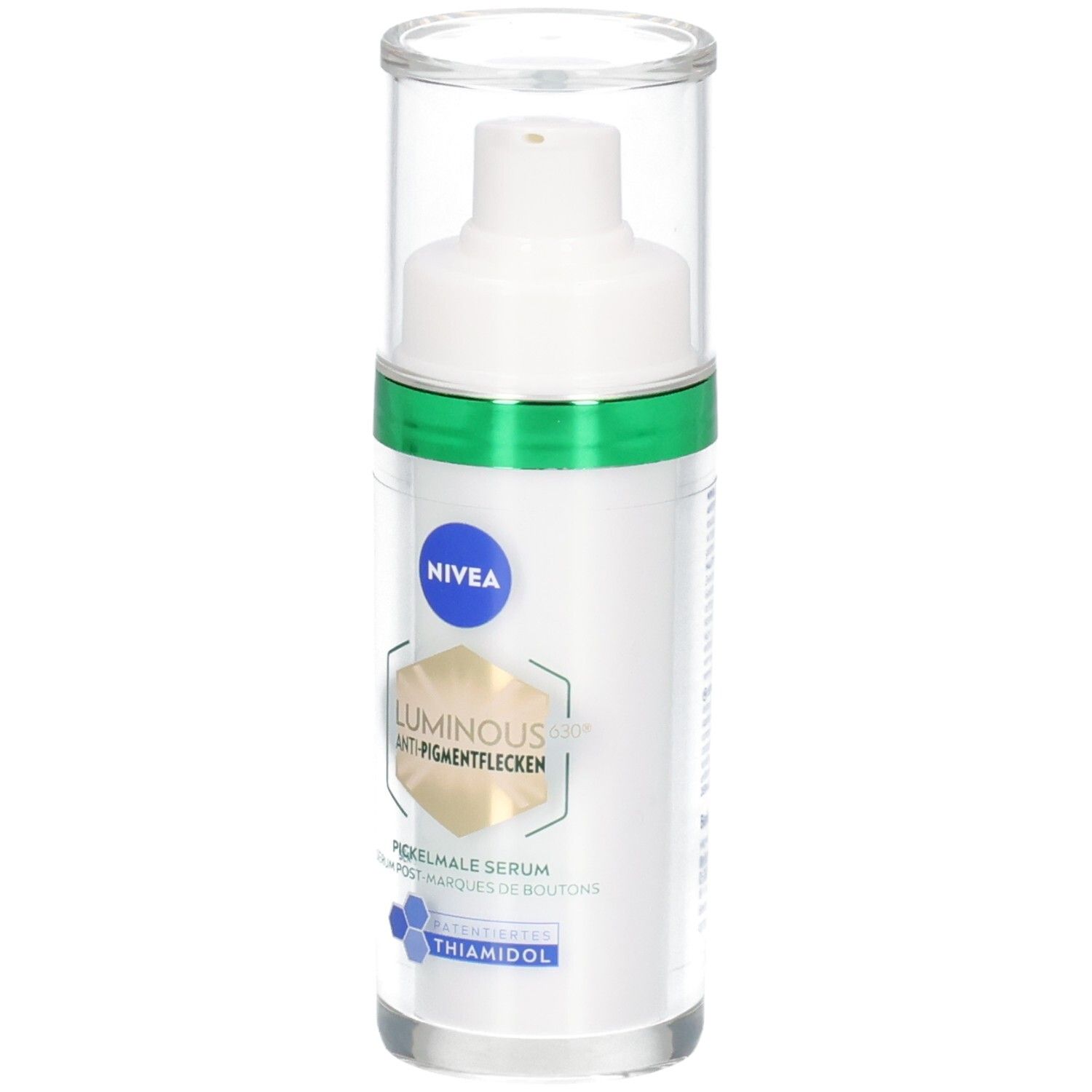 Weißes Serumfläschchen mit grünem Ring und transparentem Deckel. NIVEA, LUMINOUS630® und Anti-Pigmentflecken.