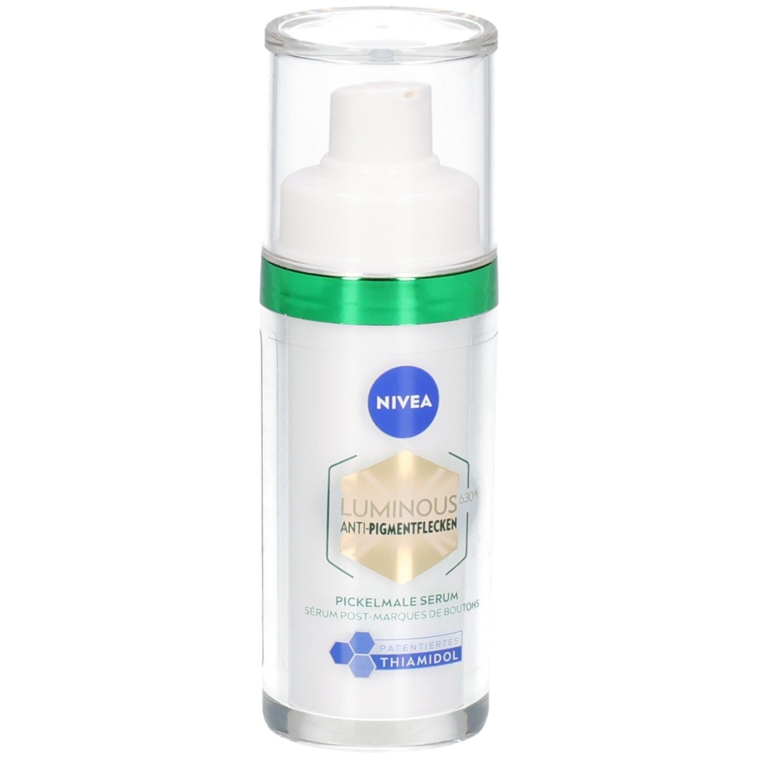 Weißes Serumfläschchen mit grünem Ring und transparentem Deckel. NIVEA, LUMINOUS630® und Produktbezeichnung.