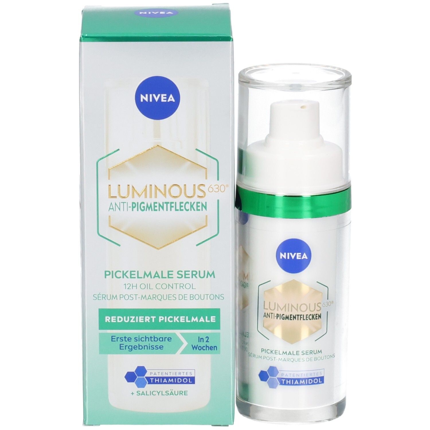 Produktverpackung und Serumfläschchen. NIVEA, LUMINOUS630® Anti-Pigmentflecken Pickelmale Serum.