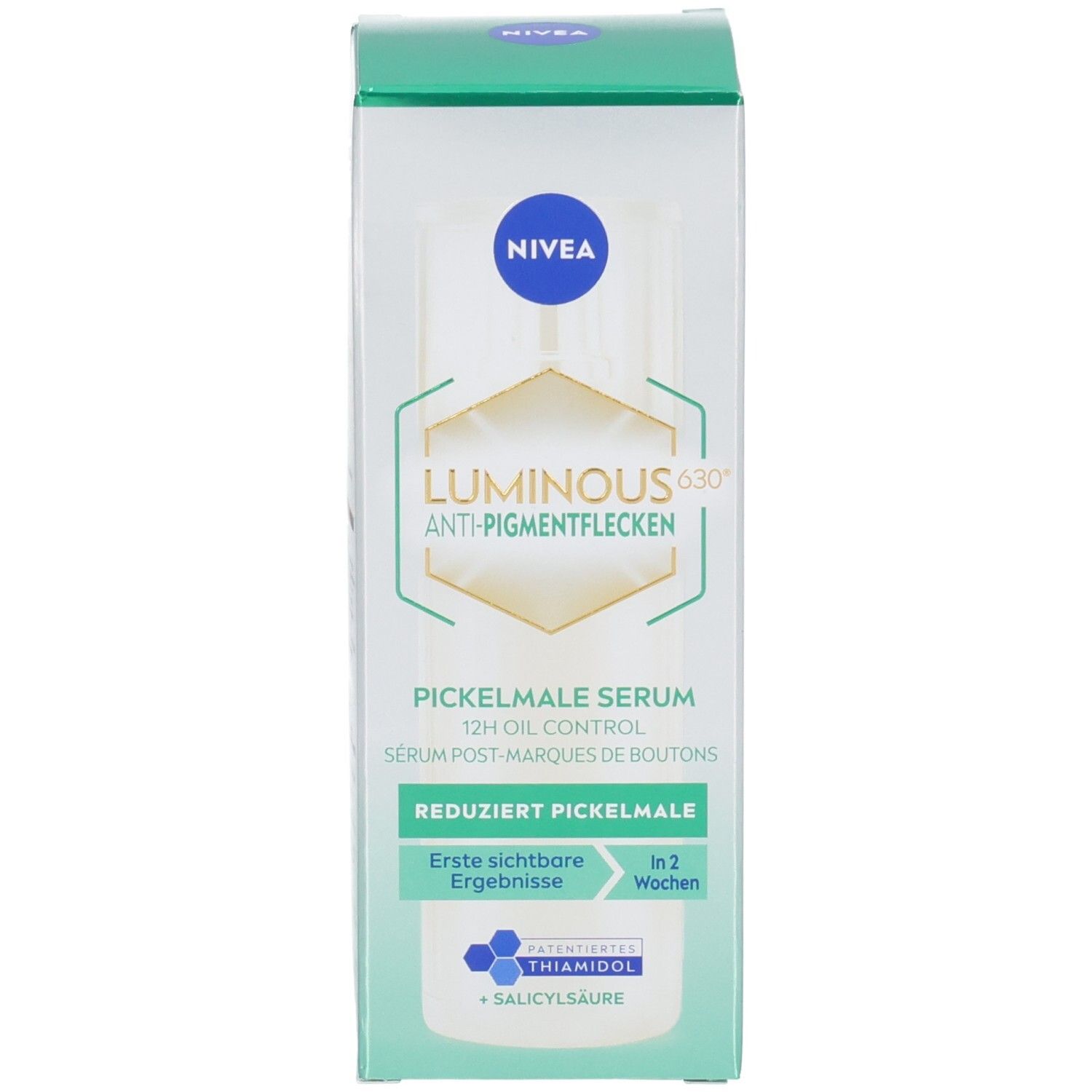 Produktverpackung. NIVEA, LUMINOUS630® Anti-Pigmentflecken Pickelmale Serum. Text und Logos.