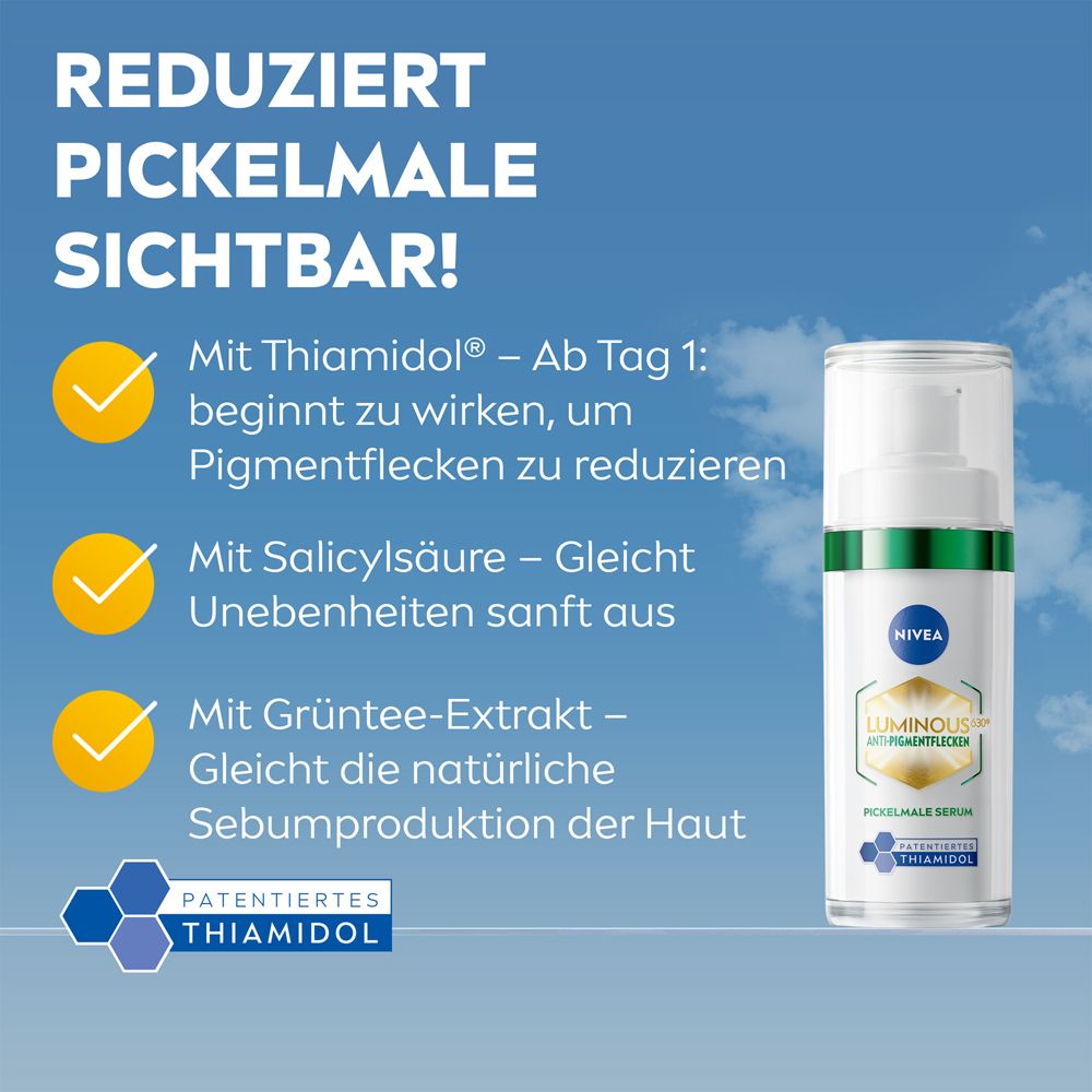 NIVEA LUMINOUS630® Anti-Pigmentflecken Pickelmale Serum Flasche mit Text zu Thiamidol und Salicylsäure.