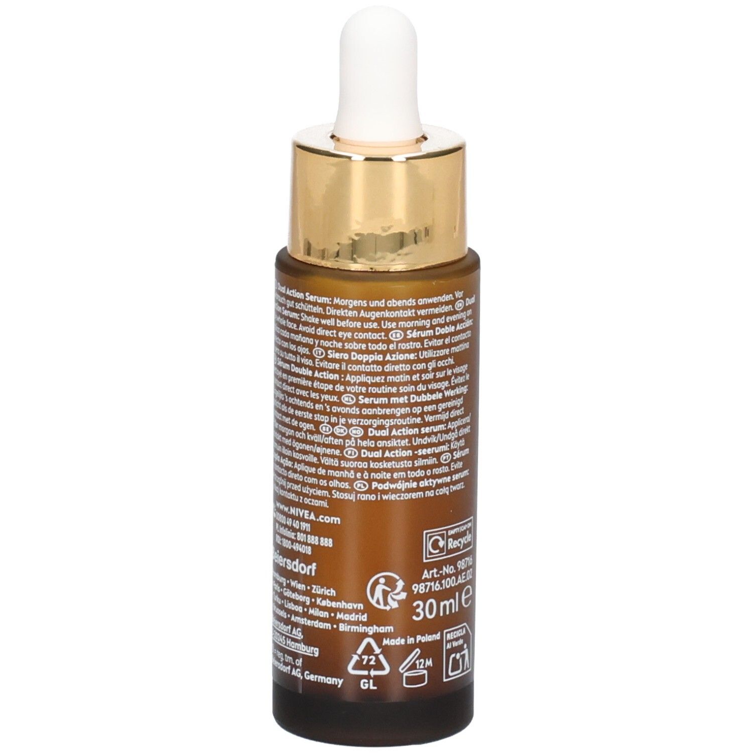 Braune Flasche mit Text. Aufschrift: NIVEA, Q10 Anti-Wrinkle Expert, 30ml, Recycle-Symbol.
