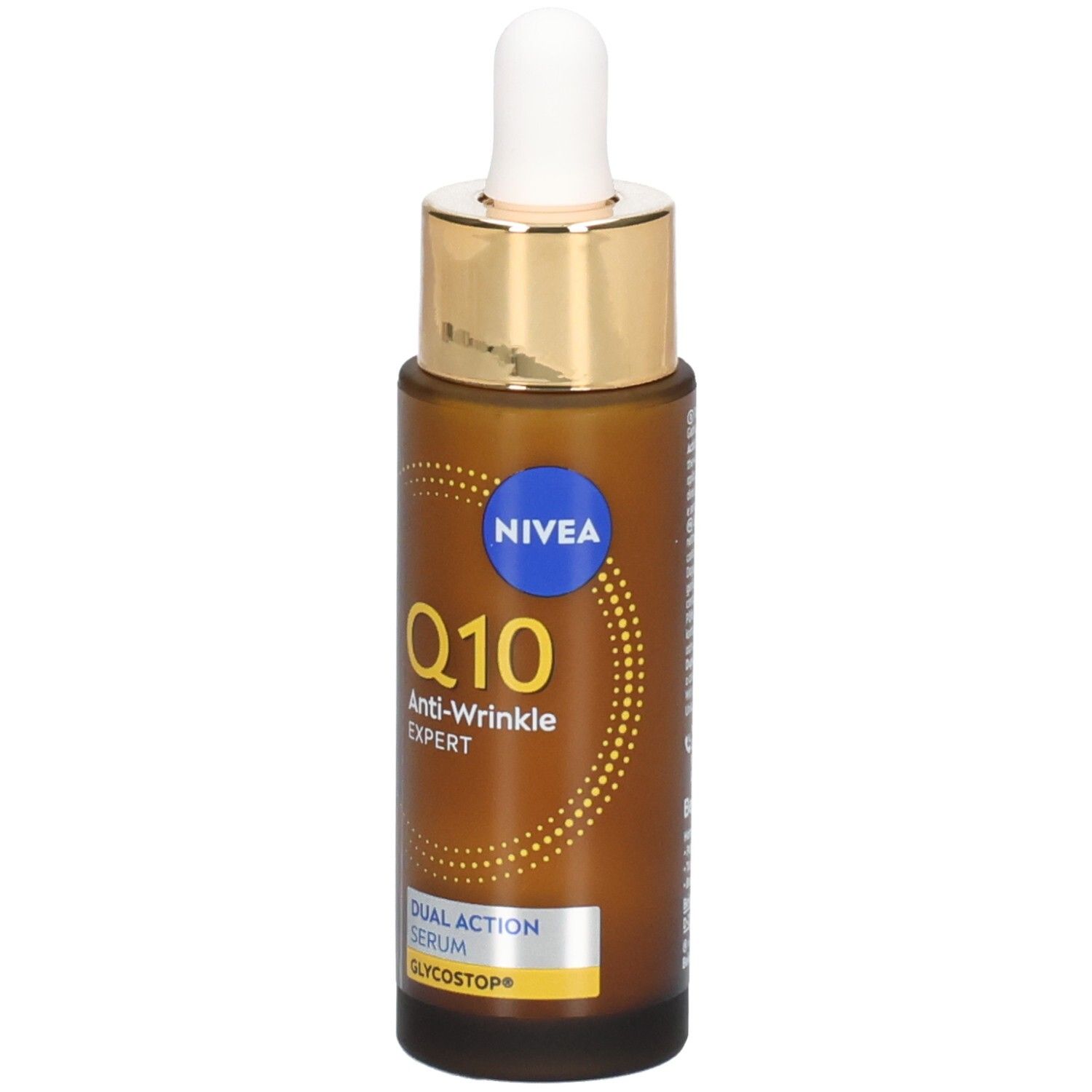 Braune Flasche mit goldener Kappe und Pipette. Aufschrift: NIVEA Q10 Anti-Wrinkle Expert Serum.
