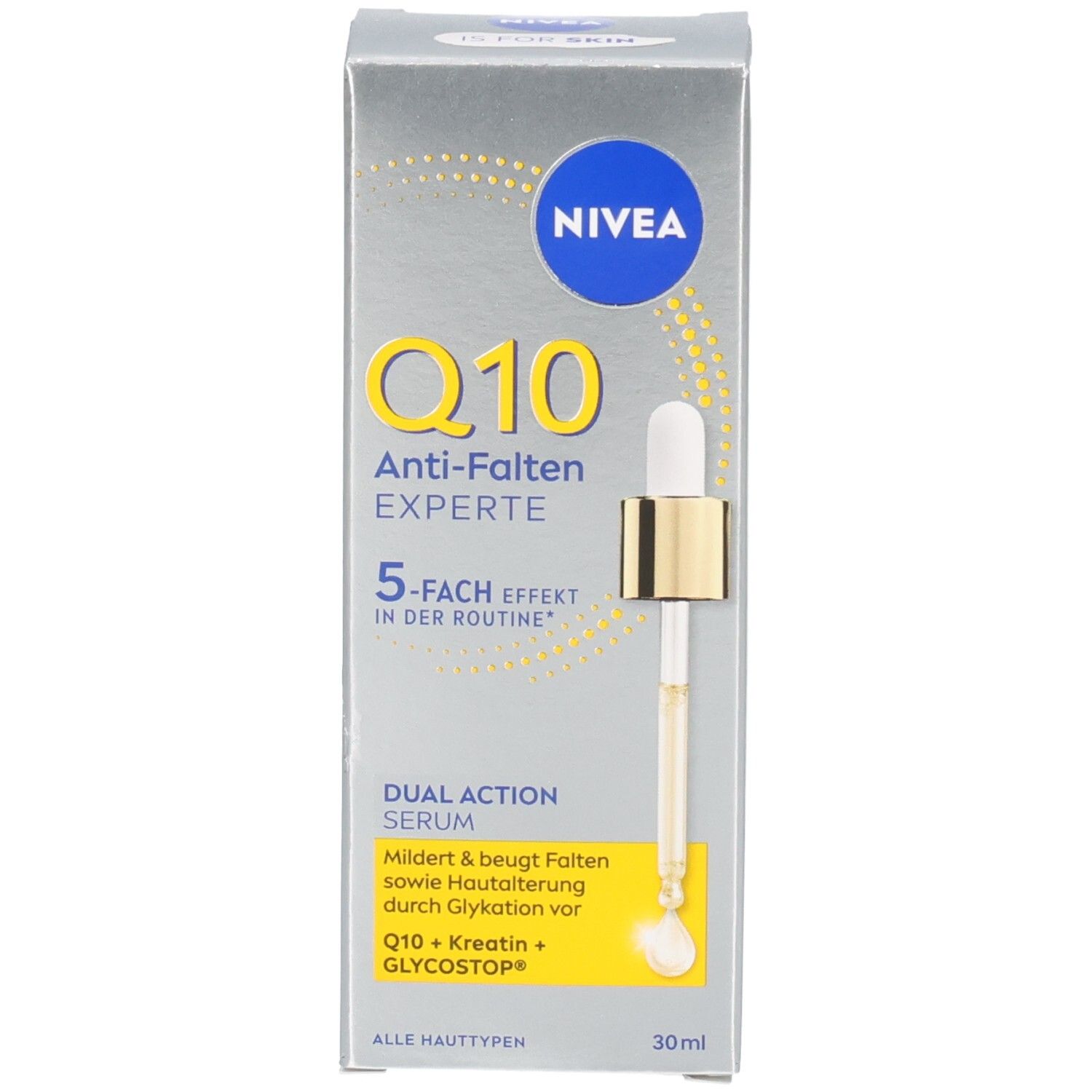 Verpackung. Aufschrift: NIVEA Q10 Anti-Falten Experte, 5-fach Effekt, Serum, 30ml.