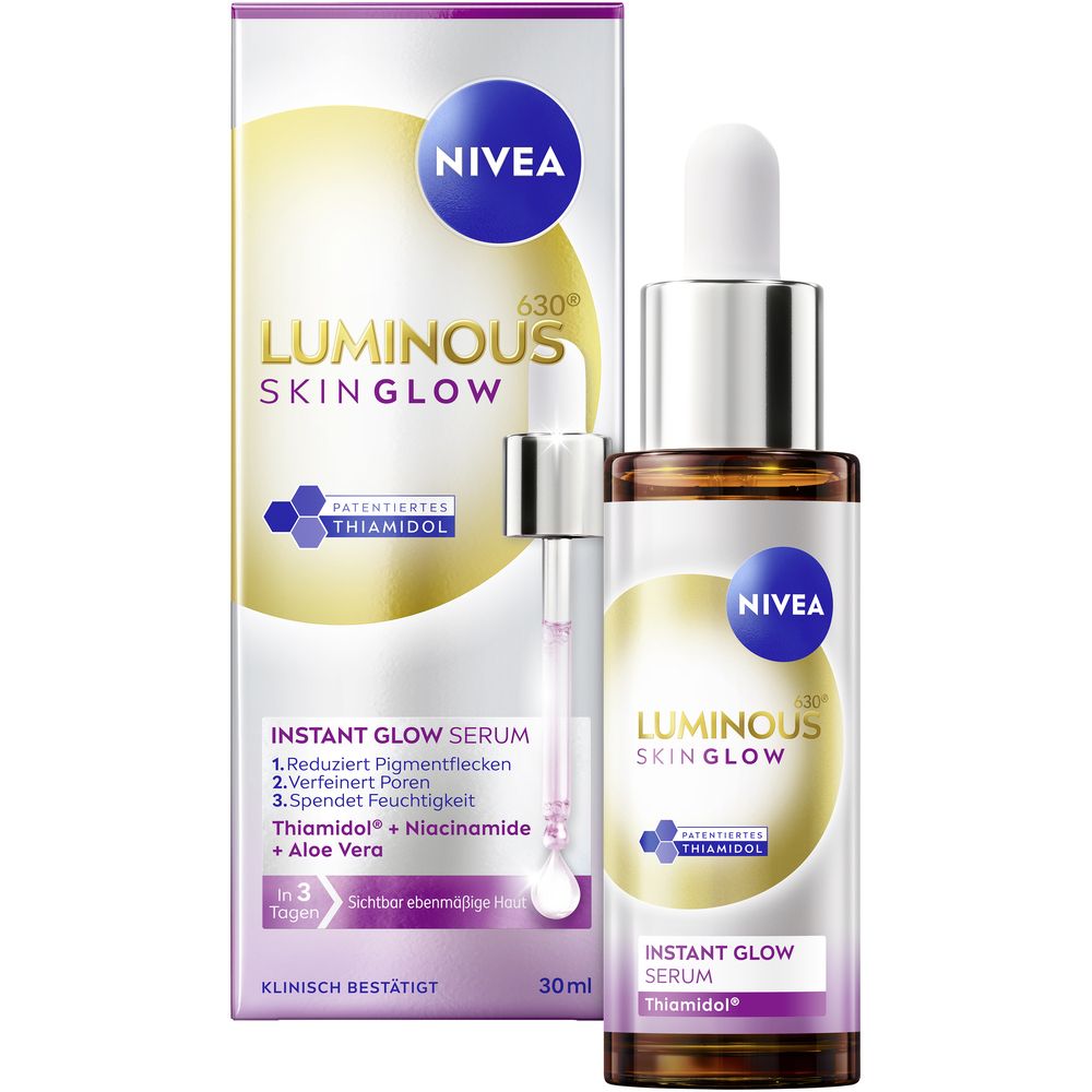 NIVEA LUMINOUS630® Instant Glow Serum in 30ml Flasche und Verpackung.