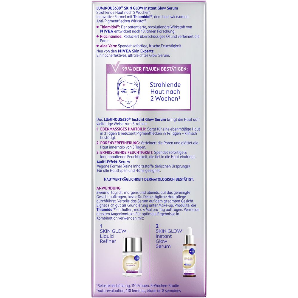 Rückseite der NIVEA LUMINOUS630® Instant Glow Serum Verpackung mit Produktinformationen.