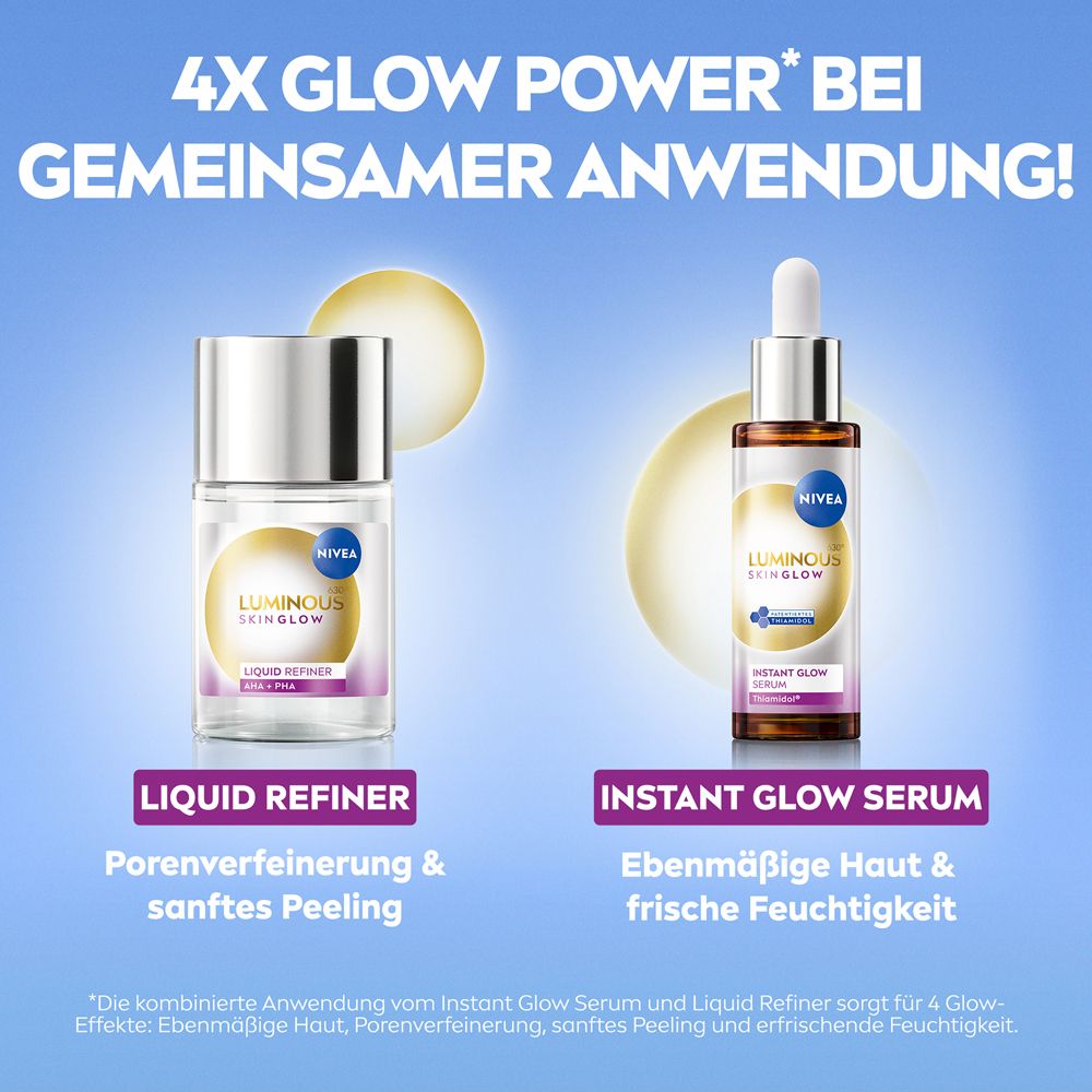 NIVEA LUMINOUS630® Instant Glow Serum und Liquid Refiner im Vergleich.
