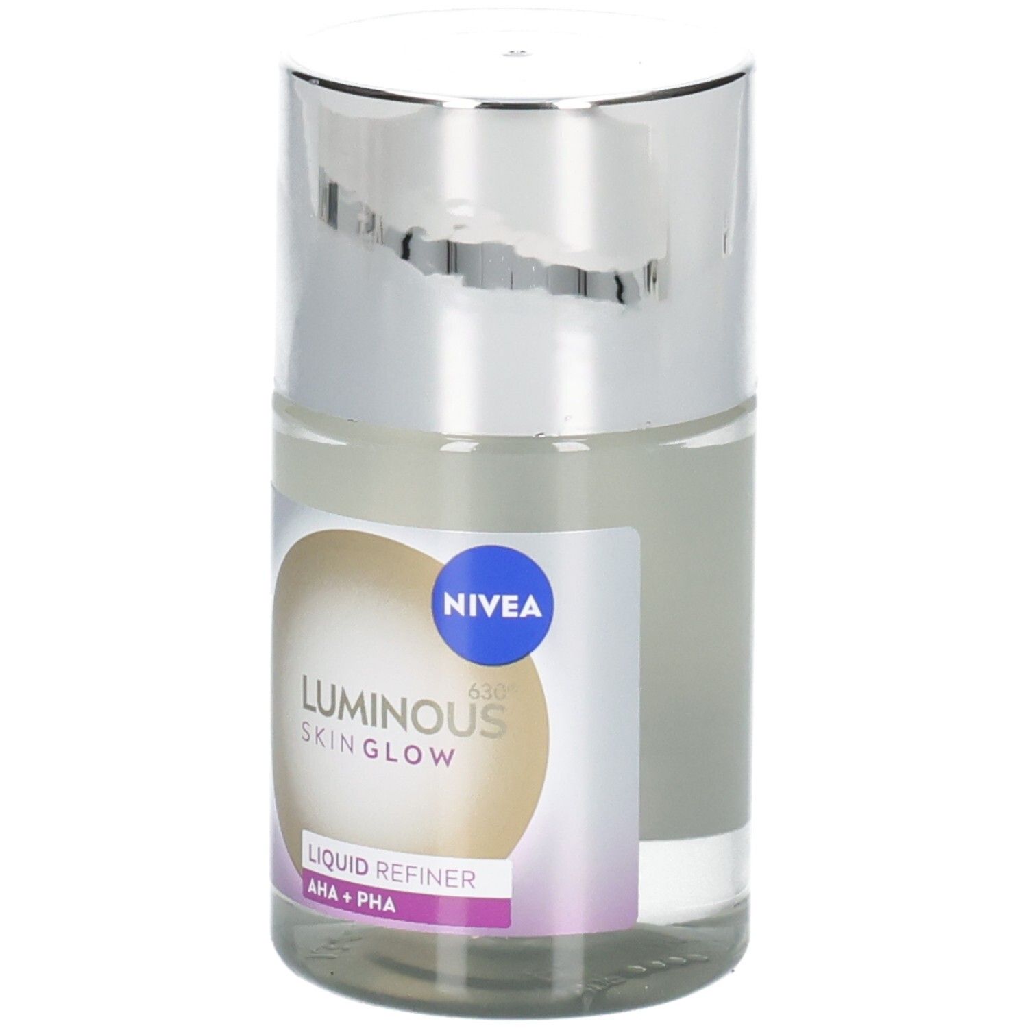 Flüssiger Refiner mit silbernem Deckel. Aufkleber mit NIVEA, LUMINOUS SKIN GLOW und AHA+PHA. Klares Glas.