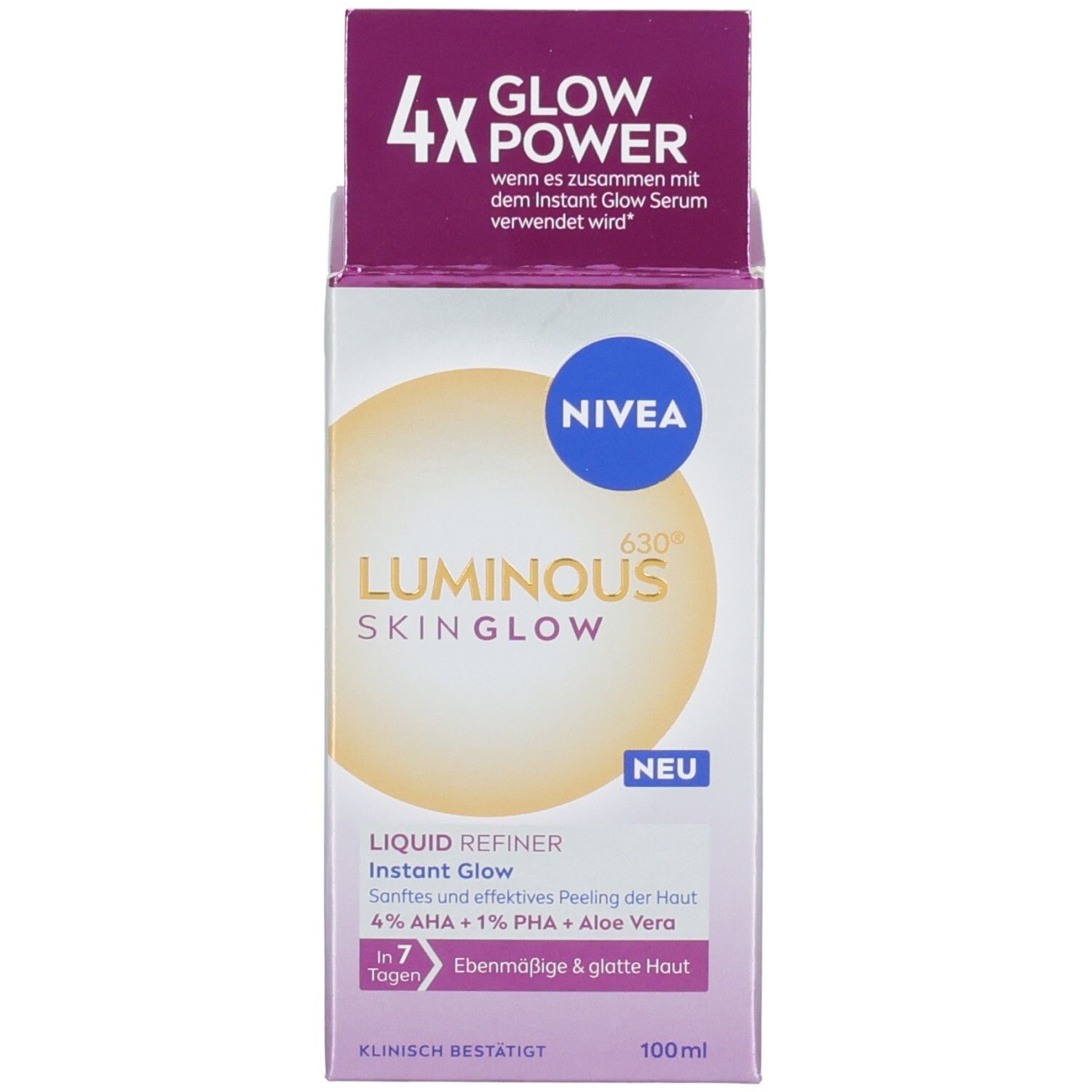 Produktverpackung. NIVEA LUMINOUS SKIN GLOW Liquid Refiner. Karton mit Text und 100ml.