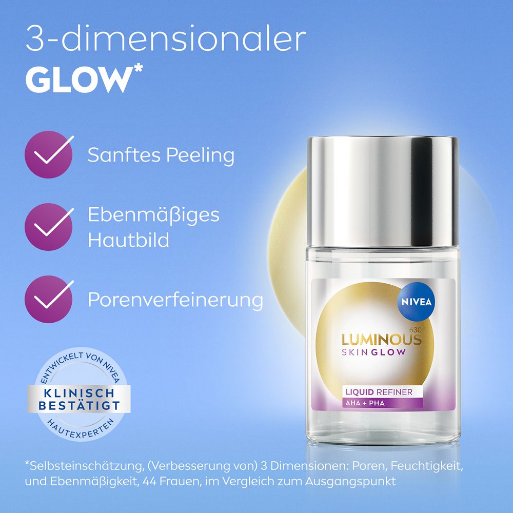 NIVEA LUMINOUS630® Skin Glow Liquid Refiner Flasche. 3-dimensionaler Glow, sanftes Peeling, ebenmässiges Hautbild.