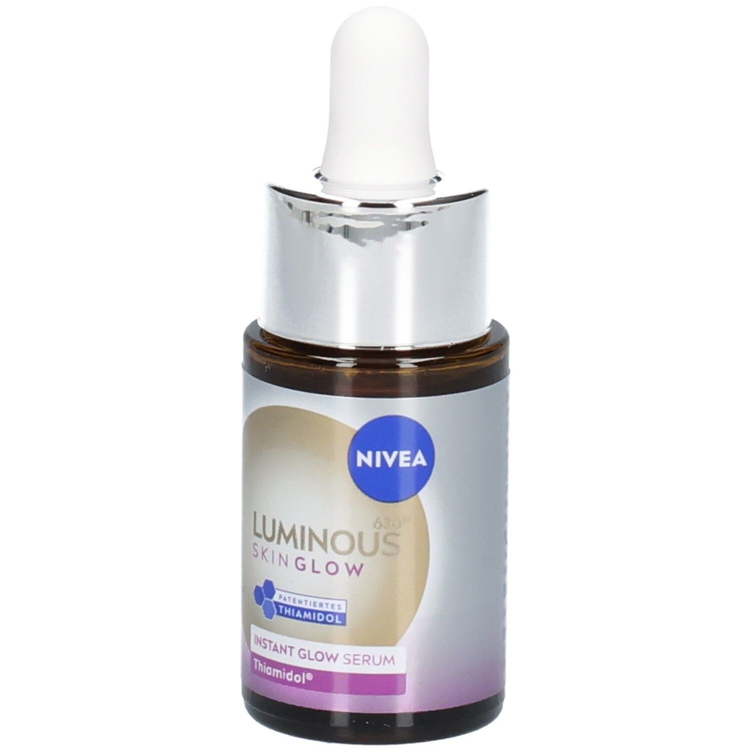 Braune Glasflasche mit silbernem Verschluss und Pipette. Aufkleber mit Produktnamen und Logo. NIVEA Luminous Skin Glow Serum.