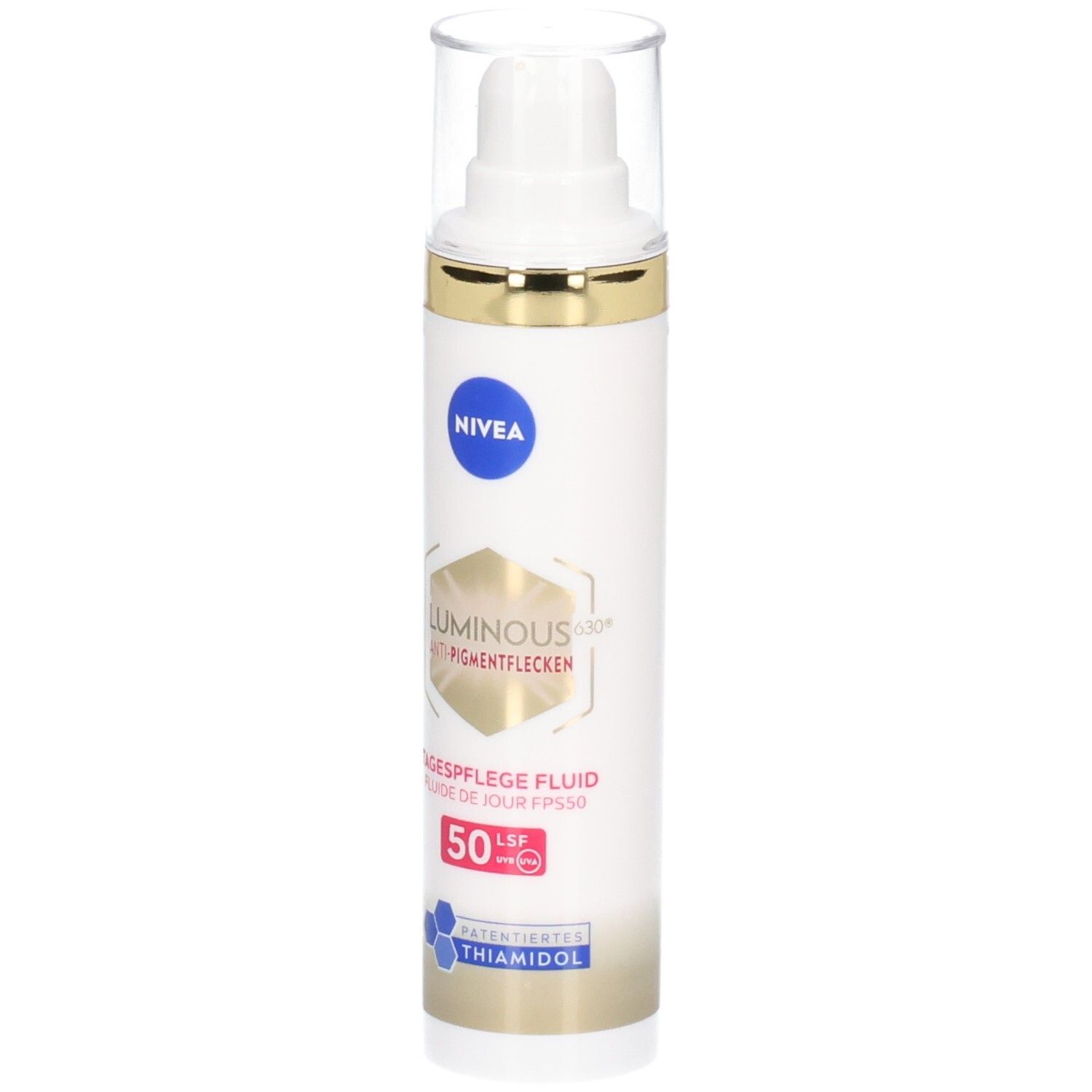 Weißes Fluid mit goldfarbenen Akzenten und transparentem Deckel. Aufschrift: NIVEA, Luminous630, Anti-Pigmentflecken, Tagespflege Fluid LSF 50.