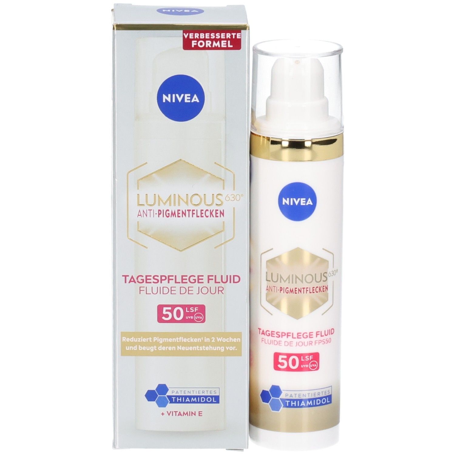 Produkt und Verpackung. Weißes Fluid mit goldfarbenen Akzenten. Aufschrift: NIVEA, Luminous630, Anti-Pigmentflecken, Tagespflege Fluid LSF 50.