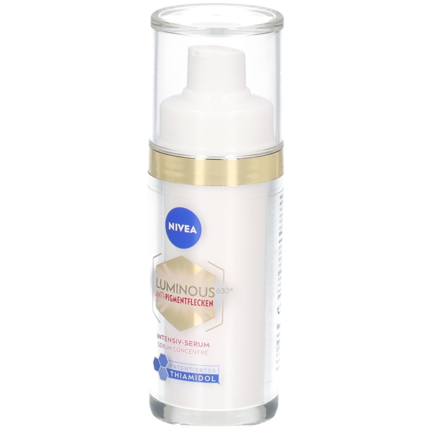 Weißes Serumfläschchen mit transparentem Deckel. Goldener Ring. Aufschrift: NIVEA, LUMINOUS630, Anti-Pigmentflecken, Intensiv-Serum.