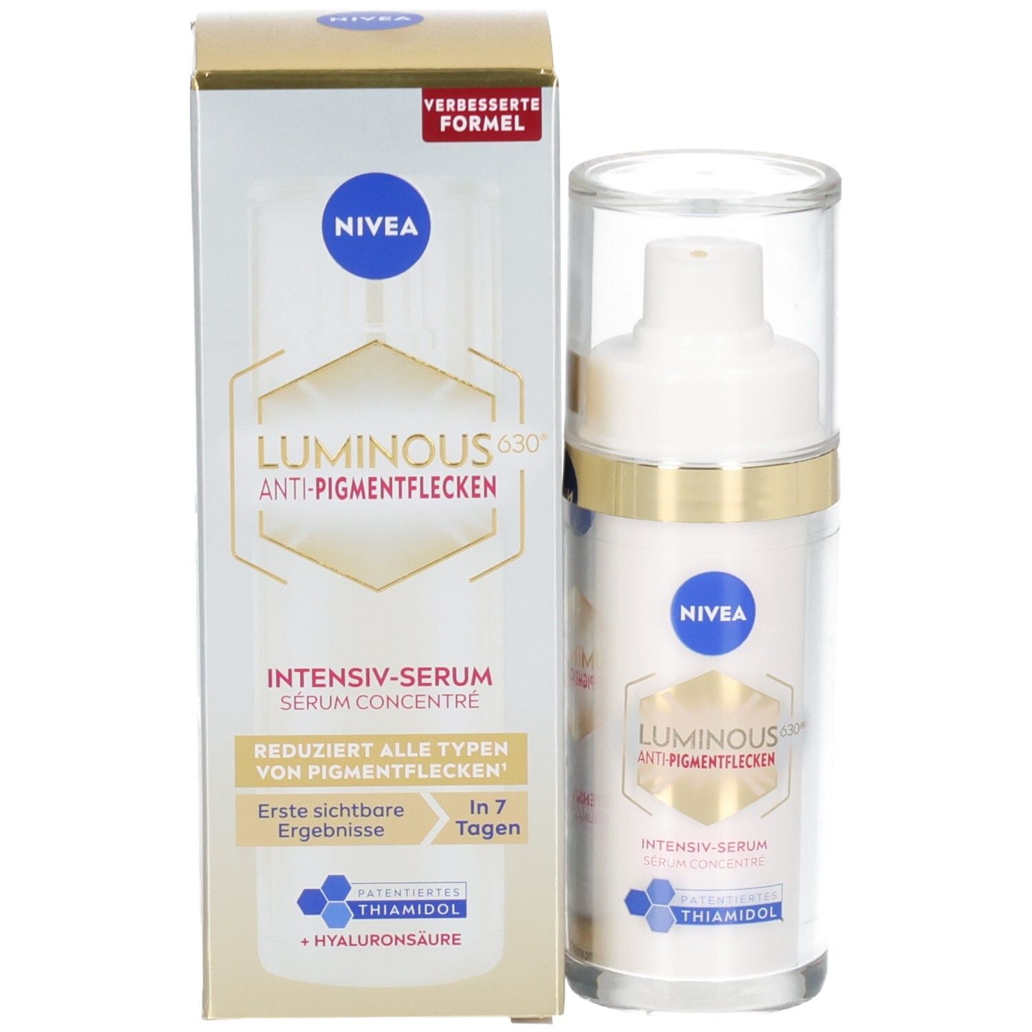 Serumfläschchen und Verpackung. Aufschrift: NIVEA, LUMINOUS630, Anti-Pigmentflecken, Intensiv-Serum. Reduziert alle Arten von Pigmentflecken.