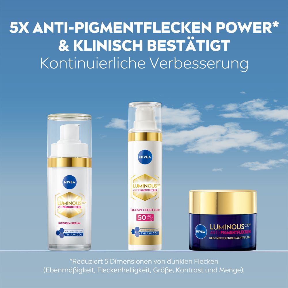 Drei NIVEA LUMINOUS630 Produkte: Serum, Tagespflege und Nachtpflege.