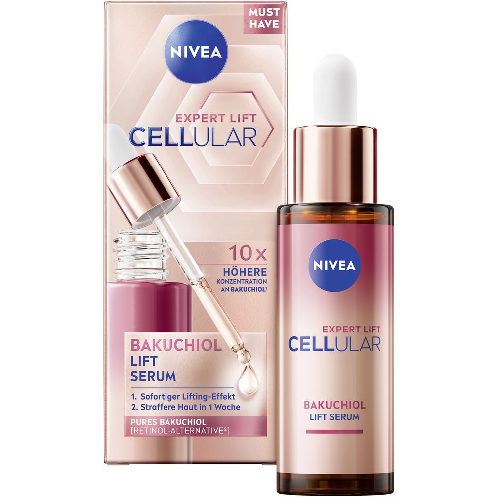 NIVEA CELLULAR Expert Lift Bakuchiol Serum Flasche und Karton. Mit Pipette.