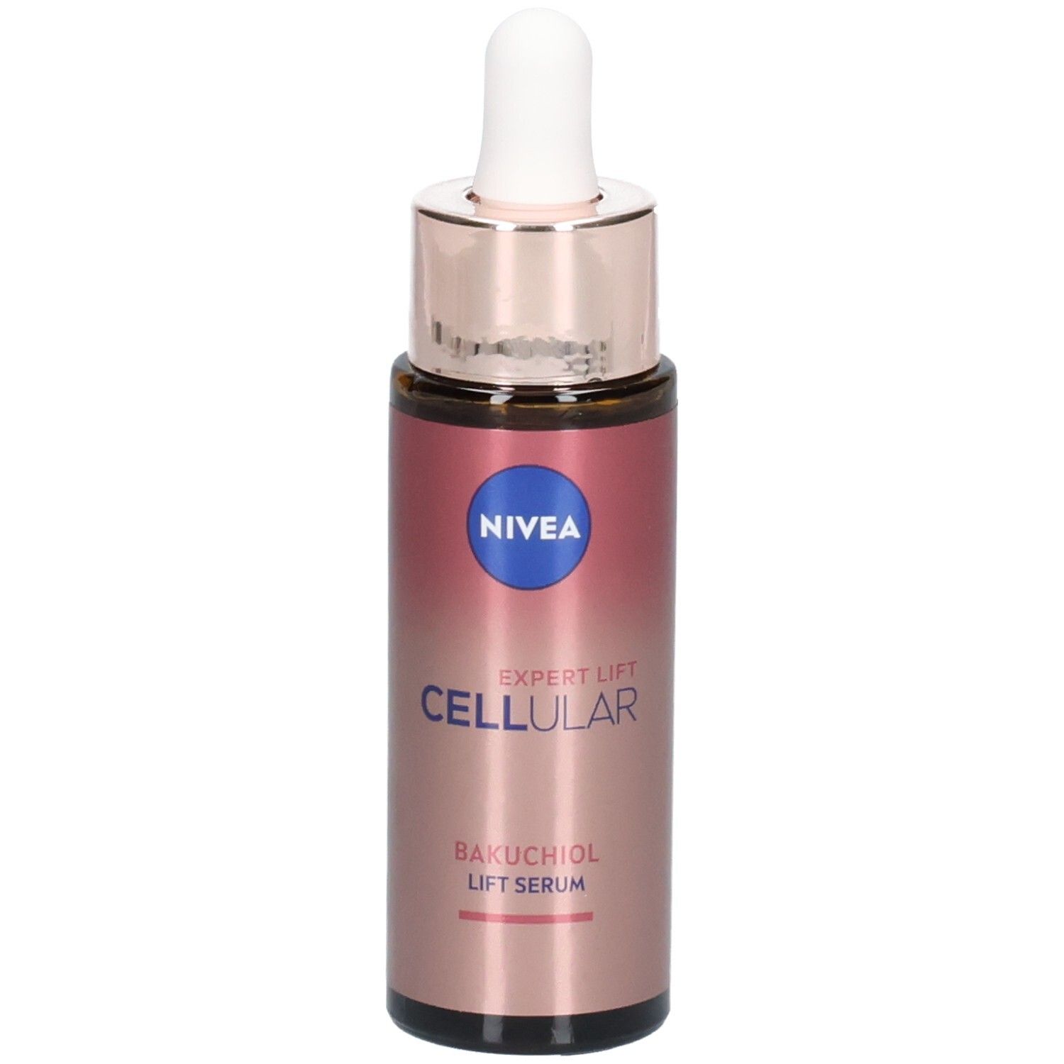 Braune Glasflasche mit rosafarbenem Farbverlauf. Weißer Tropfer und goldfarbener Verschluss. NIVEA CELLULAR Expert Lift Serum.