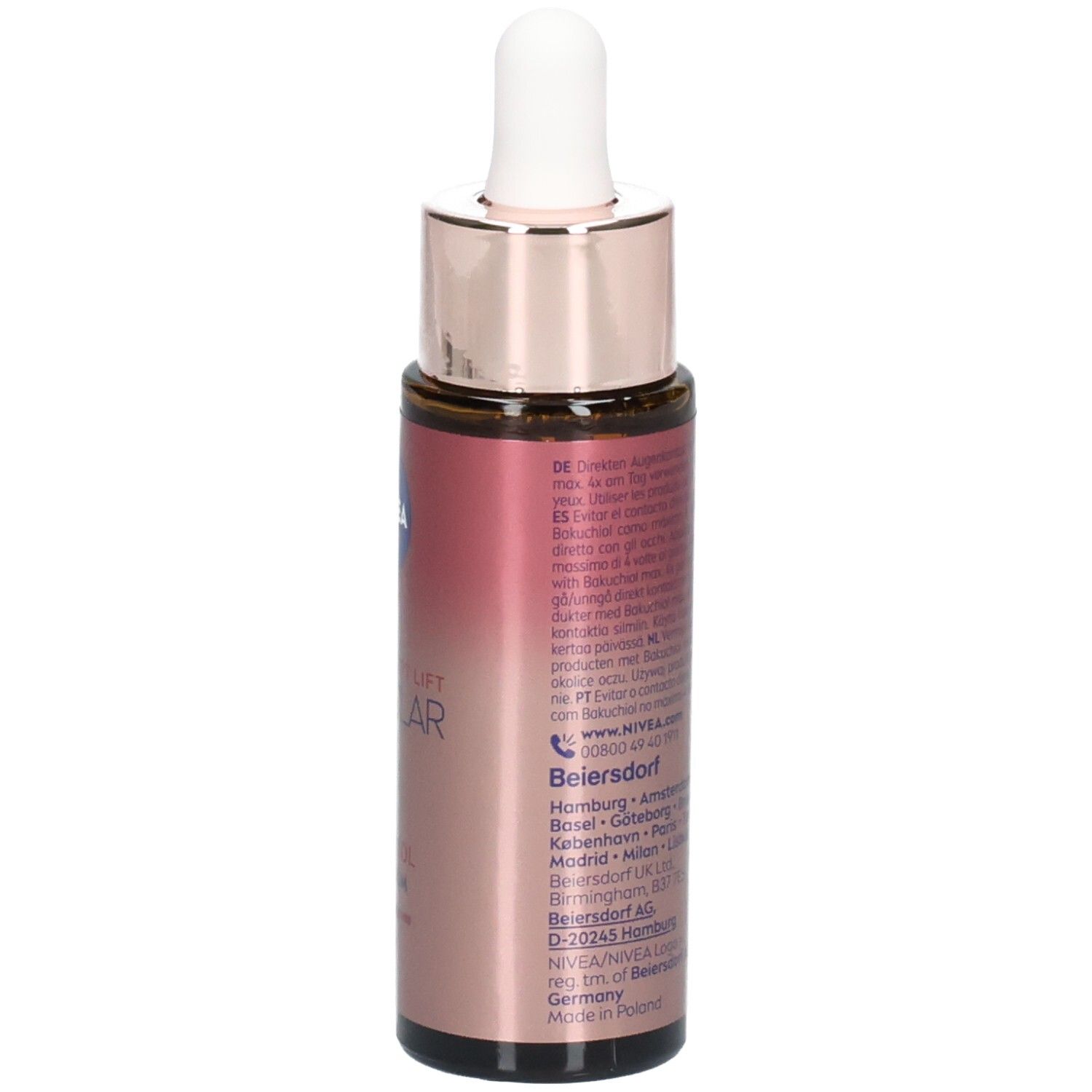 Rückseite der braunen Glasflasche. Text mit Produktinformationen. NIVEA CELLULAR Expert Lift Bakuchiol Lift Serum.