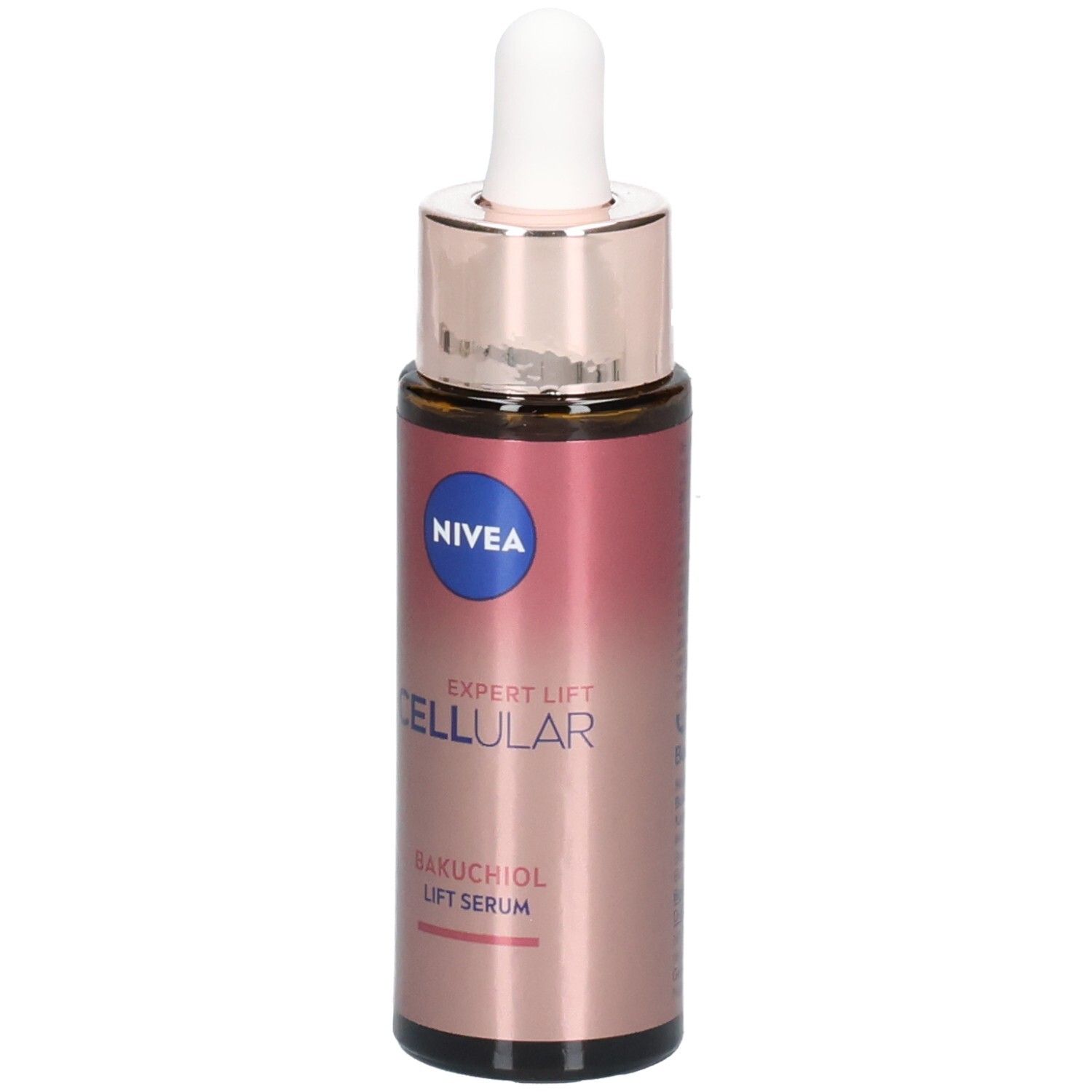 Braune Glasflasche mit rosafarbenem Farbverlauf. Weißer Tropfer und goldfarbener Verschluss. NIVEA CELLULAR Expert Lift Serum.