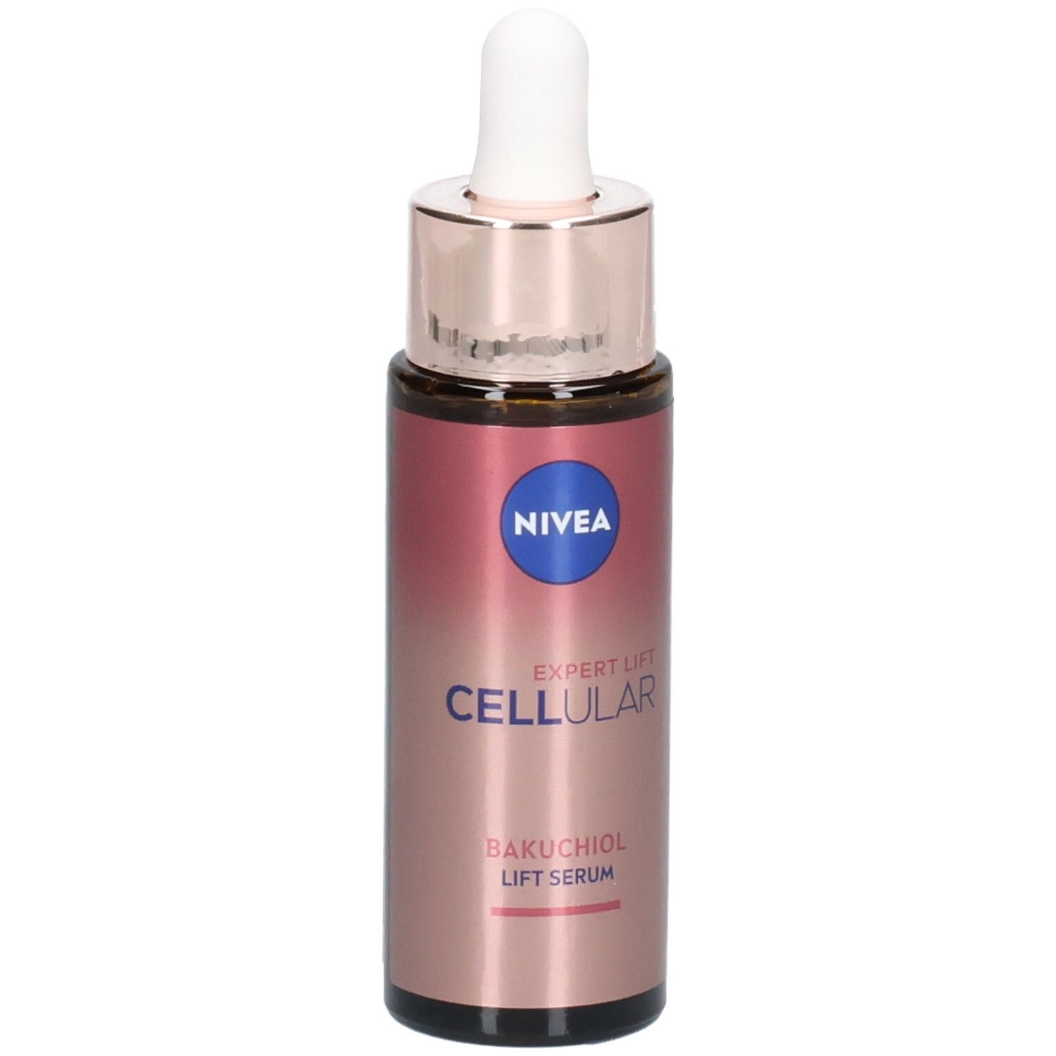 Braune Glasflasche mit rosafarbenem Farbverlauf. Weißer Tropfer und goldfarbener Verschluss. NIVEA CELLULAR Expert Lift Serum.