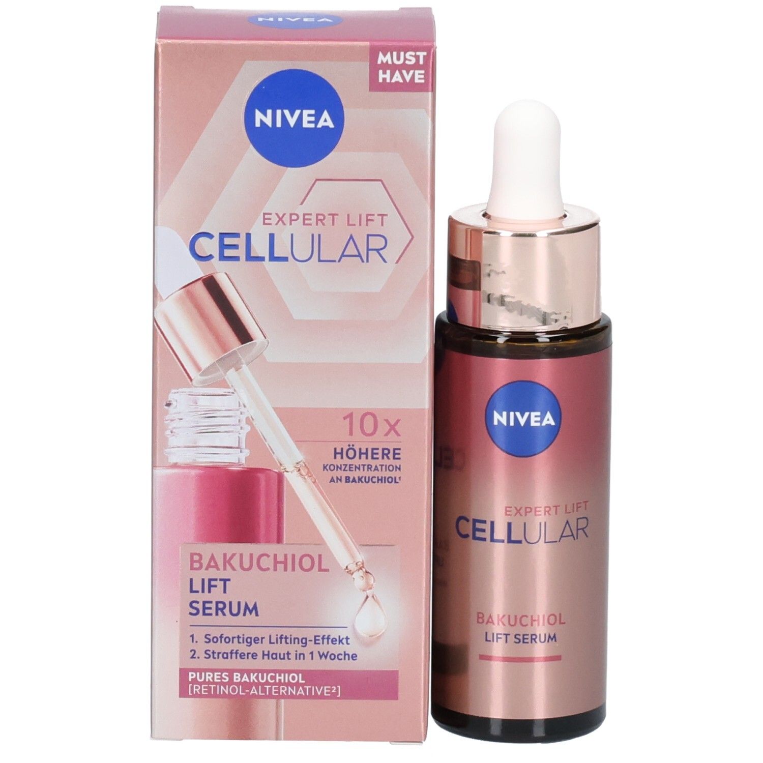 Produkt und Verpackung. NIVEA CELLULAR Expert Lift Serum und Karton. Mit Tropfer. Rosa und weiß.