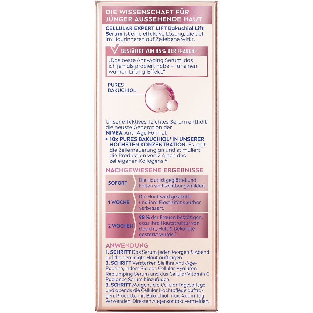 Rückseite der NIVEA CELLULAR Expert Lift Bakuchiol Serum Verpackung mit Produktinformationen.