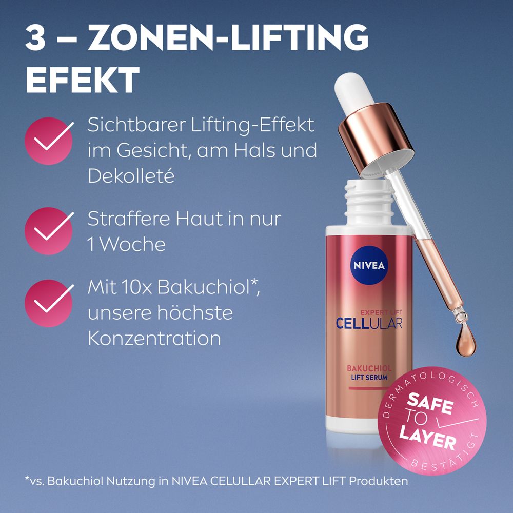 NIVEA CELLULAR Expert Lift Bakuchiol Serum Flasche mit Pipette. "3-Zonen-Lifting-Effekt".