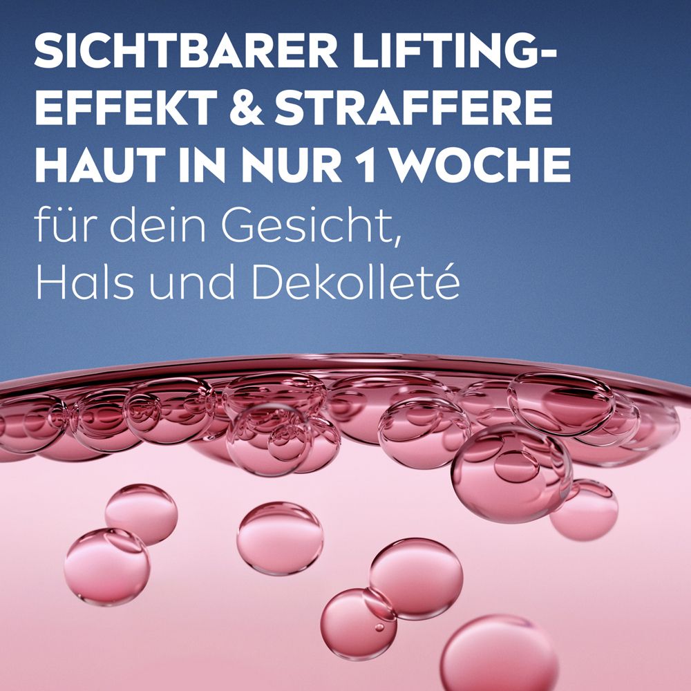 Nahaufnahme von Bläschen in rosa Flüssigkeit. Text: "Sichtbarer Lifting-Effekt & straffere Haut in nur 1 Woche".